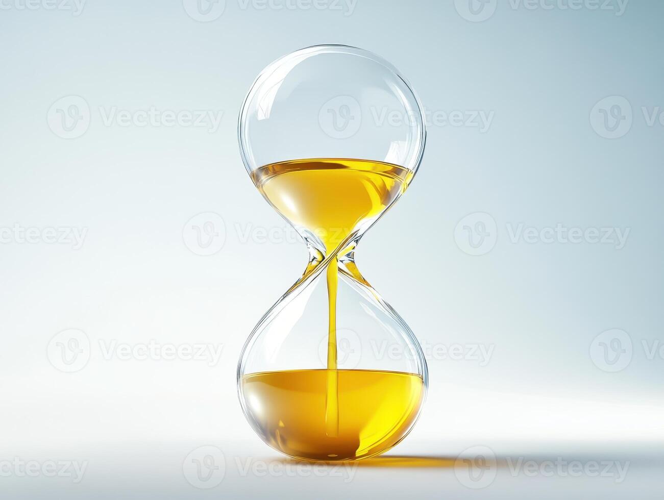 Global Economic Crisis Oil Concept. A glass hourglass filled with yellow liquid, symbolizing the passage of time and the flow of resources in a minimalist design. photo