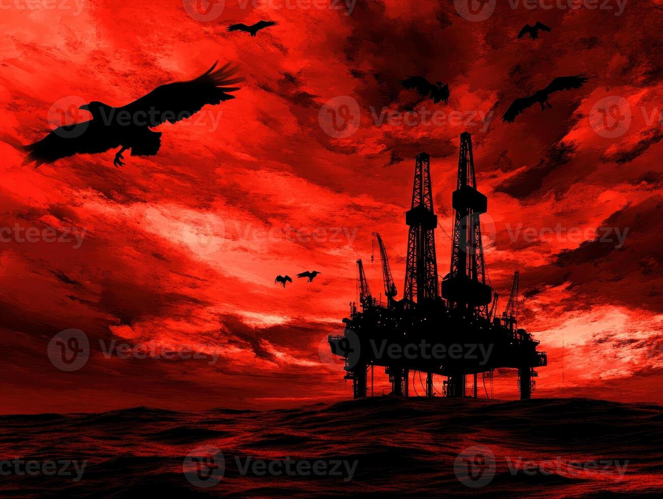Global Economic Crisis Oil Concept. Dark and dramatic scene featuring oil rigs silhouetted against a blood-red sky, with birds flying overhead, creating a foreboding atmosphere. photo