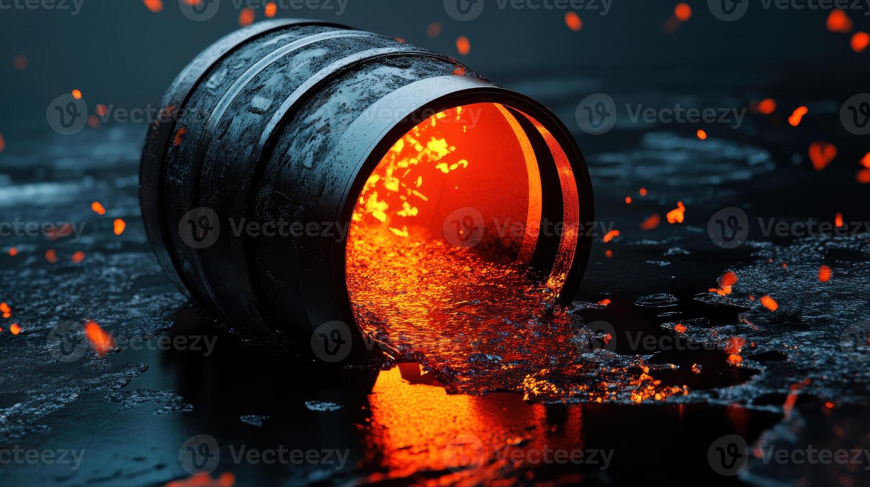 Global Economic Crisis Oil Concept. A spilled barrel releasing glowing hot liquid with fiery sparks against a dark background. photo