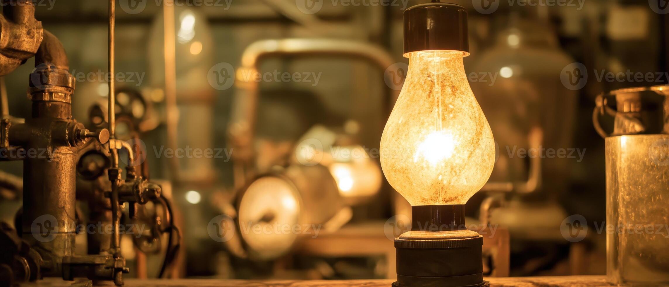Global Economic Crisis Oil Concept. A vintage lamp illuminates an industrial setting filled with machinery, evoking a nostalgic and atmospheric ambiance. photo