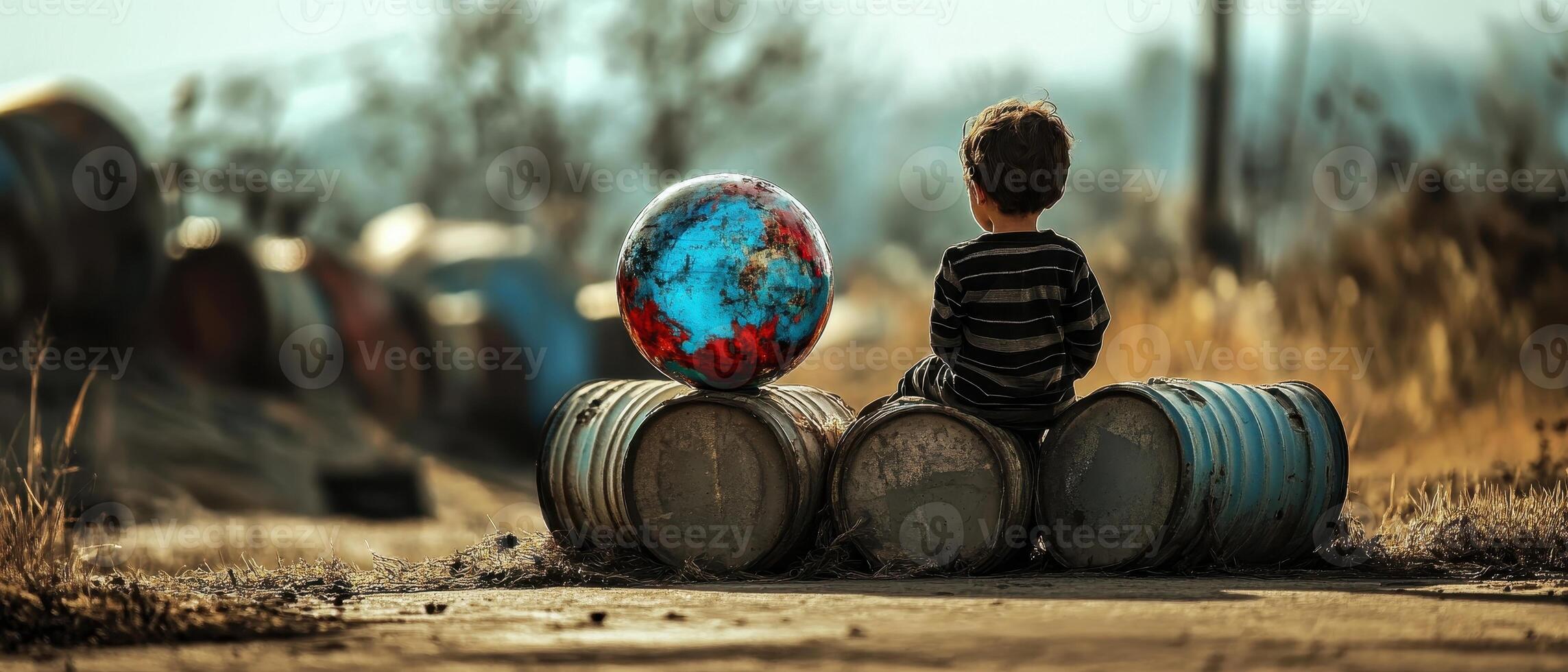 Global Economic Crisis Oil Concept. A child sits on barrels, gazing at a colorful ball, with an atmospheric background of nature and industrial elements. photo