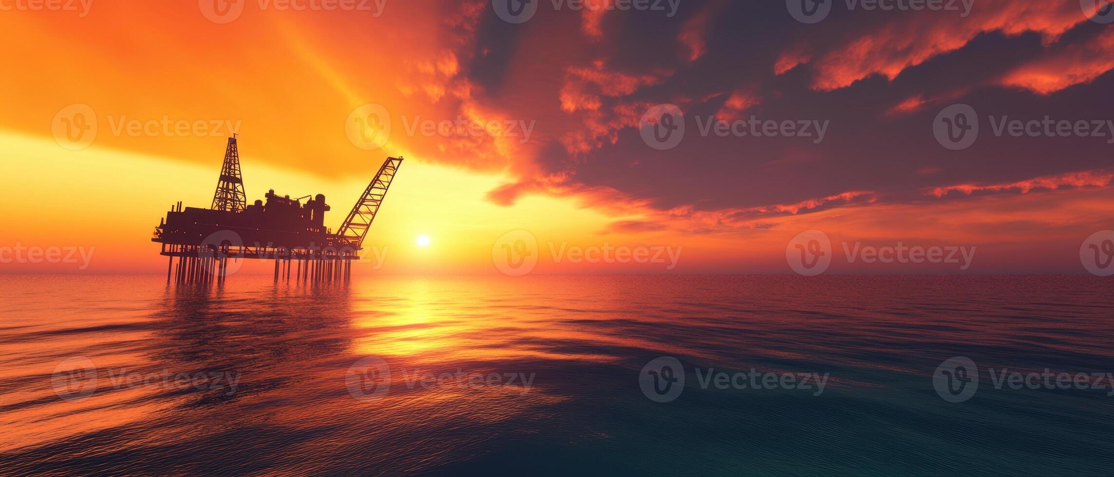 Global Economic Crisis Oil Concept. A vibrant sunset over an offshore oil rig, casting reflections on calm waters, highlighting energy production and natural beauty. photo