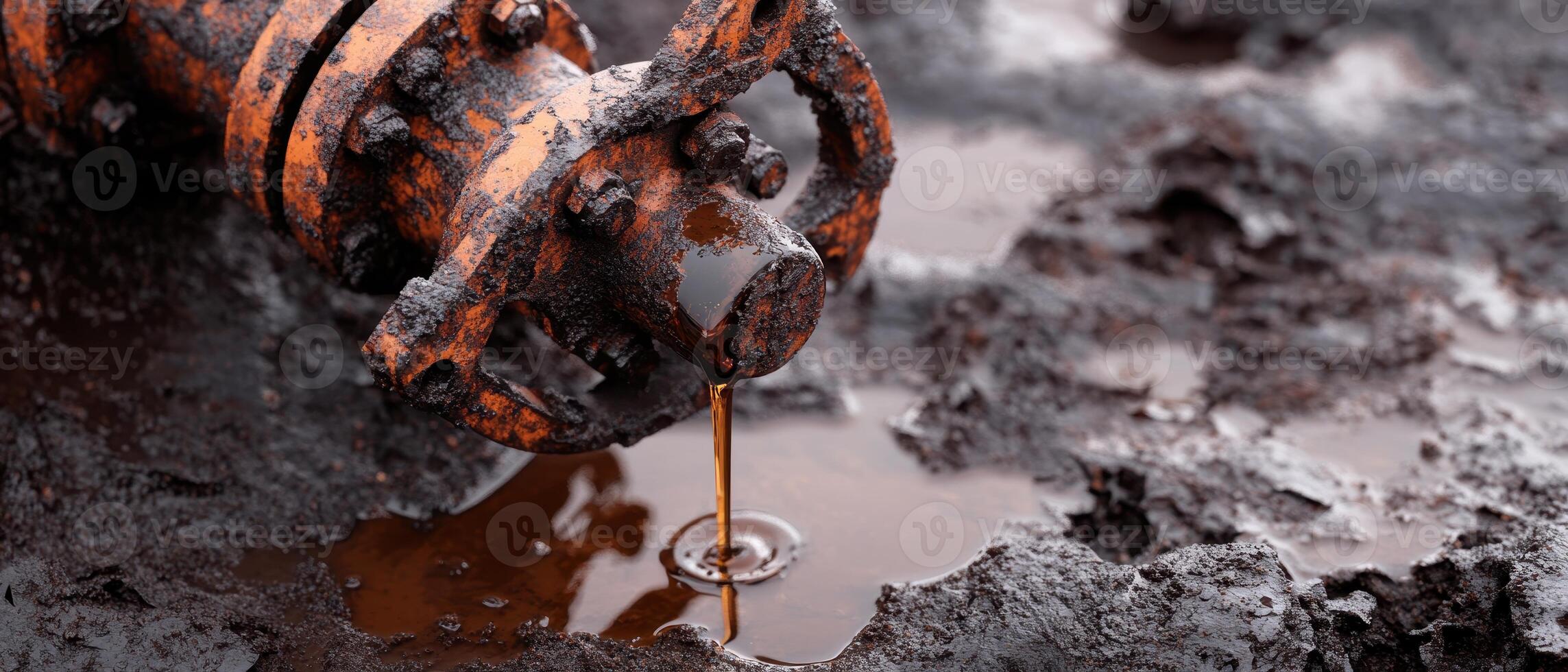 Global Economic Crisis Oil Concept. A rusty pipe leaking liquid into muddy soil, creating small ripples in the puddle. photo