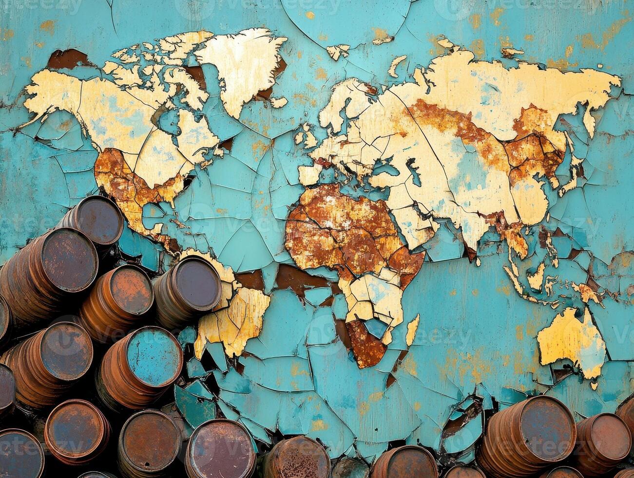 Global Economic Crisis Oil Concept. A vintage map of the world with peeling paint, surrounded by stacked barrels, creating a rustic and distressed aesthetic. photo