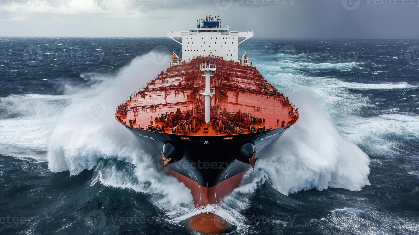 Global Economic Crisis Oil Concept. A large tanker ship navigates through turbulent waters, creating splashes as it cuts through waves under a cloudy sky. photo