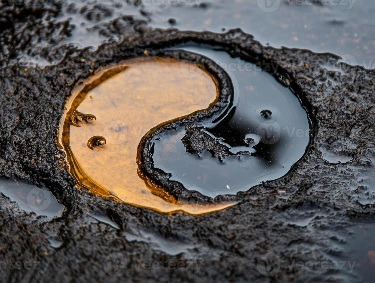 Global Economic Crisis Oil Concept. A yin-yang symbol formed by contrasting dark and light substances, set against a textured background, representing balance and harmony. photo