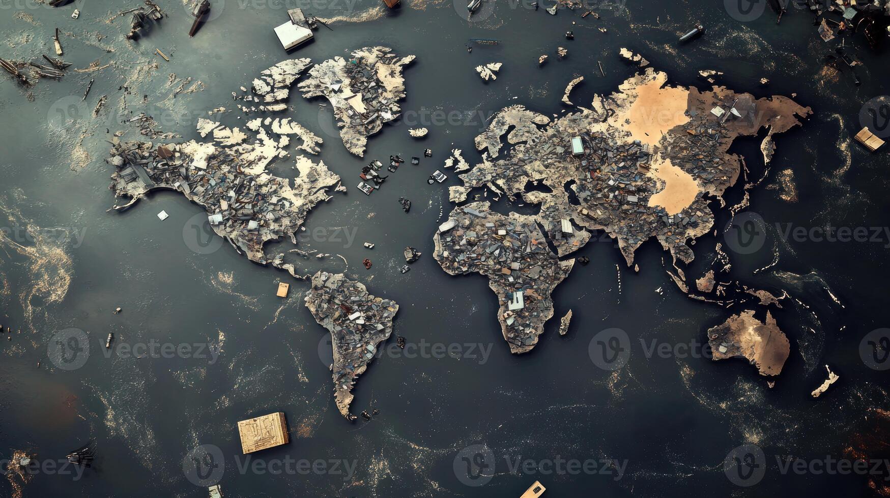 Global Economic Crisis Oil Concept. A textured, artistic representation of a world map with various colors and materials, set against a dark background, suggesting an abstract theme. photo