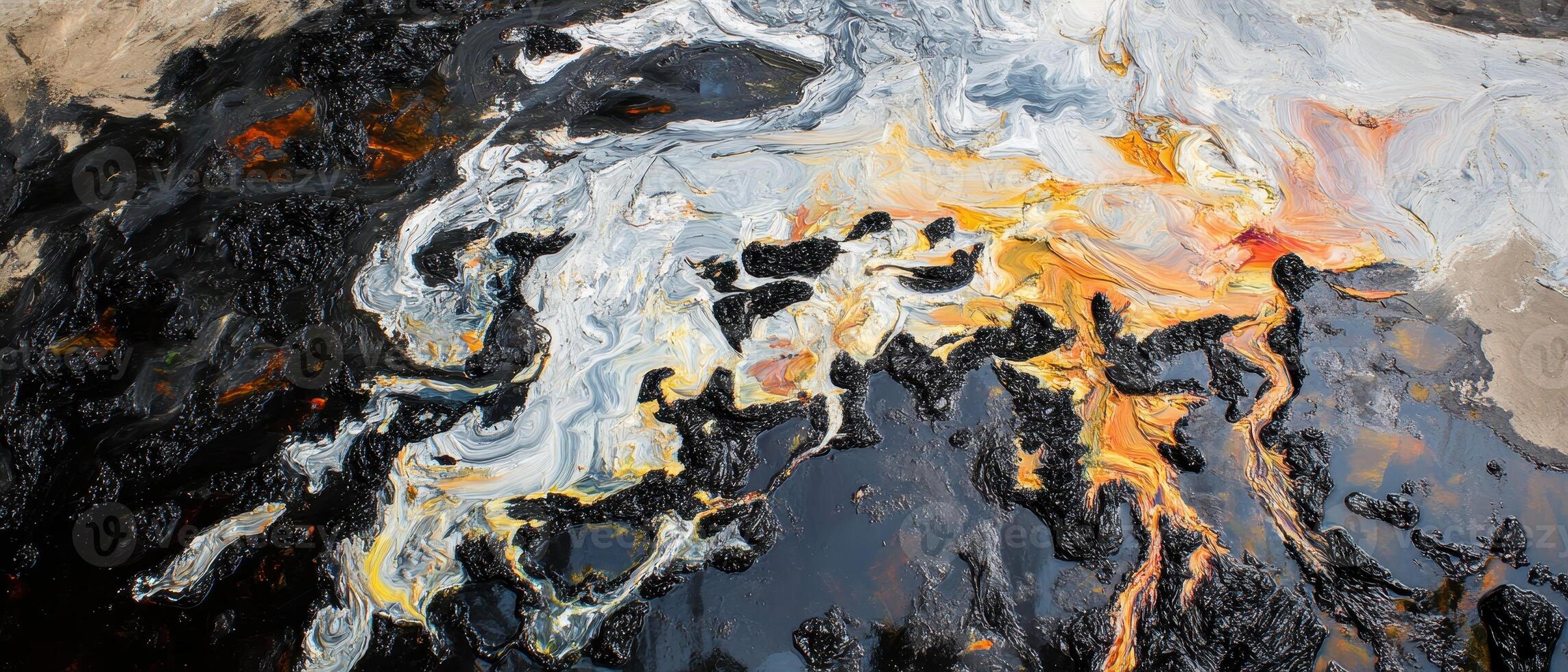 Global Economic Crisis Oil Concept. Abstract oil patterns with a mix of black, white, and orange hues create a striking visual effect reminiscent of a natural landscape. photo