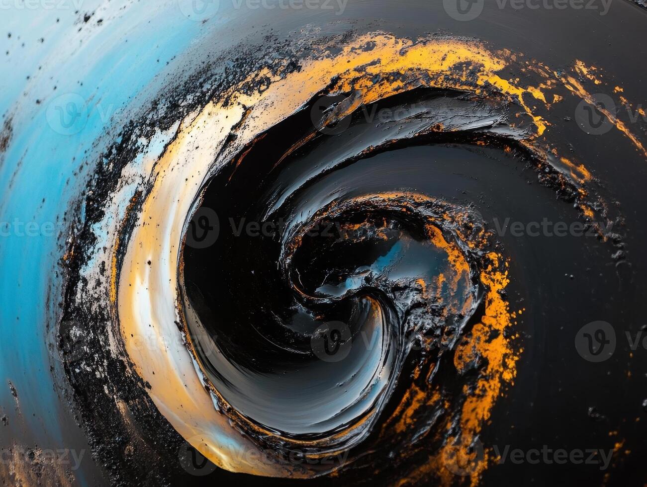 Global Economic Crisis Oil Concept. Swirling patterns of black and orange paint create a striking abstract composition against a blue backdrop. photo