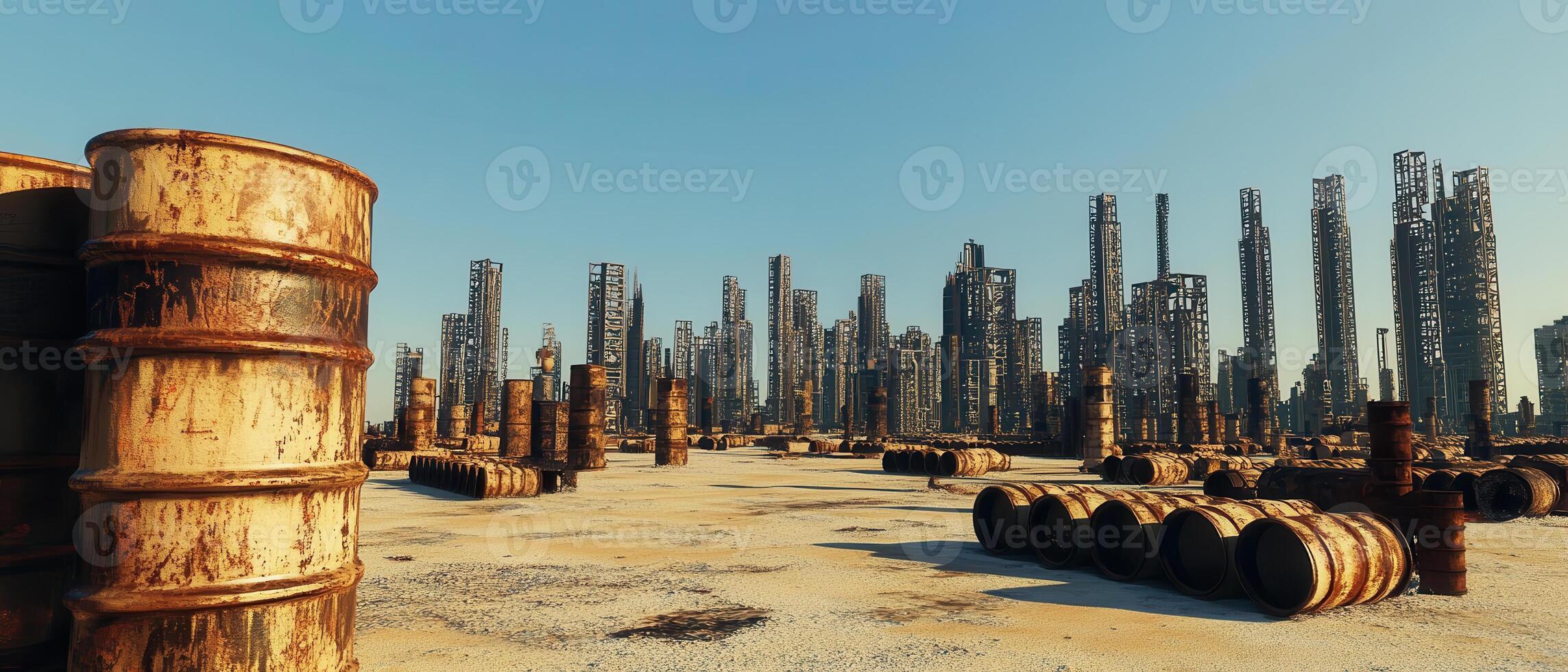 Global Economic Crisis Oil Concept. Abandoned landscape with rusty barrels and towering industrial structures against a clear blue sky. photo