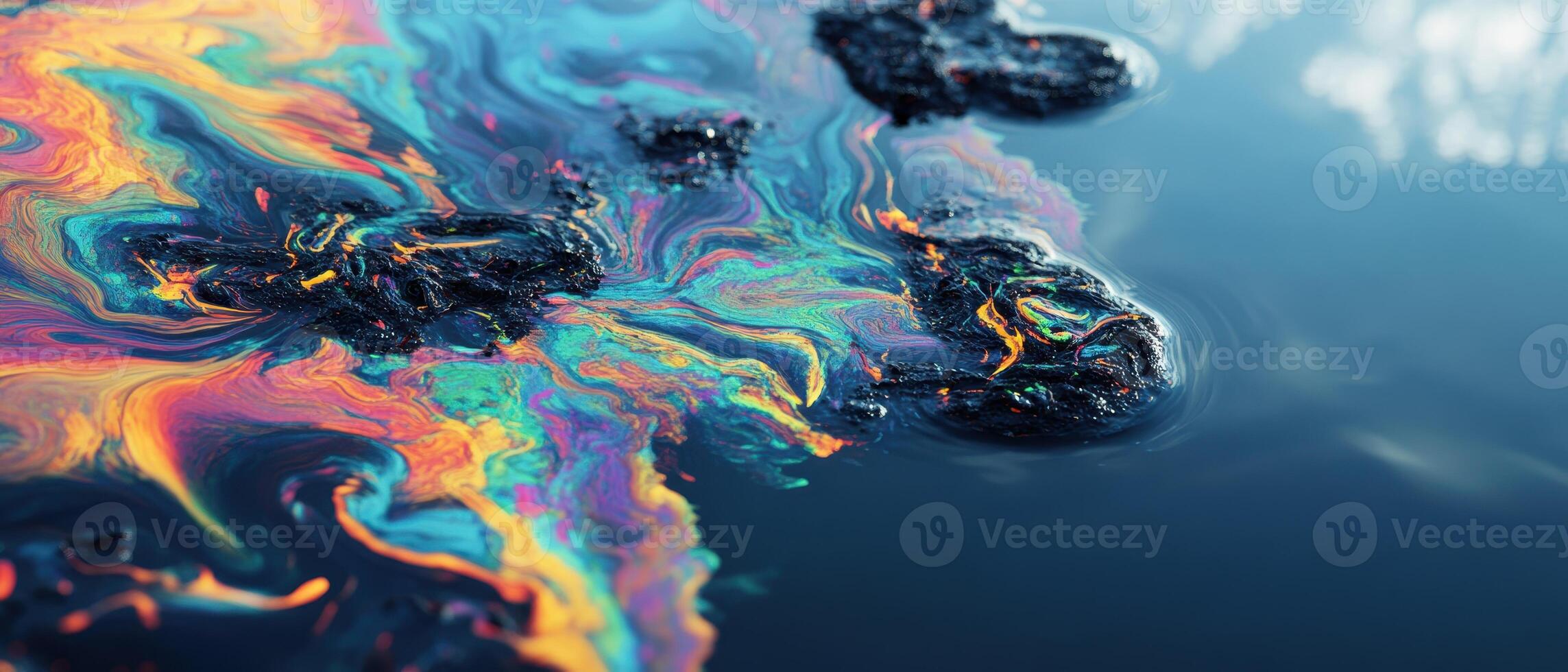 Global Economic Crisis Oil Concept. Colorful oil slick reflecting on water's surface, showcasing vibrant hues and abstract patterns. photo