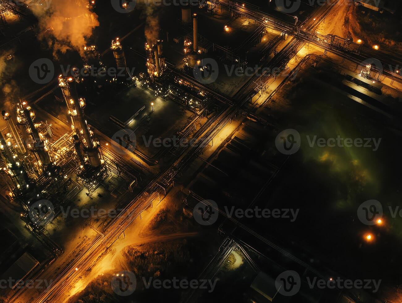 Global Economic Crisis Oil Concept. Aerial view of an industrial site at night with illuminated towers and smoke, showcasing a vibrant yet heavy industrial atmosphere. photo