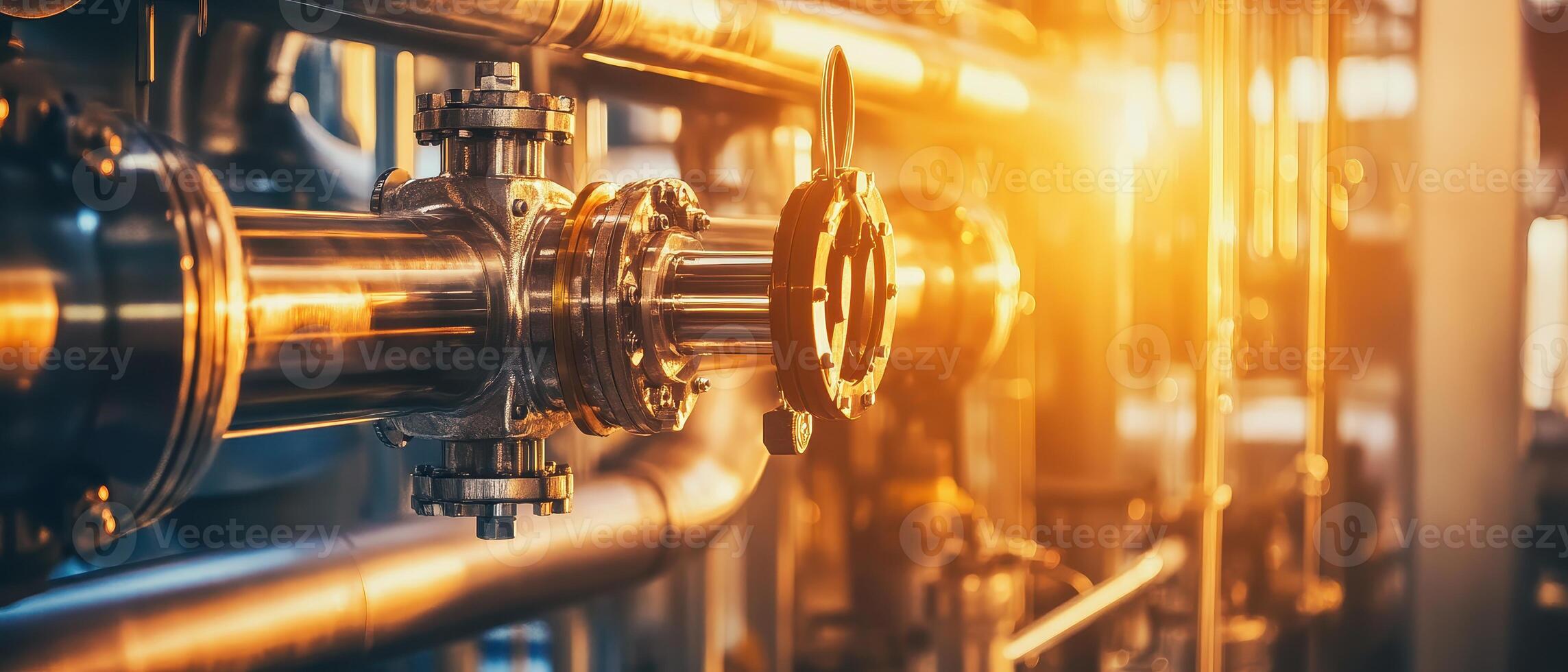 A close-up of industrial piping, showcasing gleaming metal surfaces illuminated by warm sunlight, creating a dynamic and vibrant atmosphere. photo