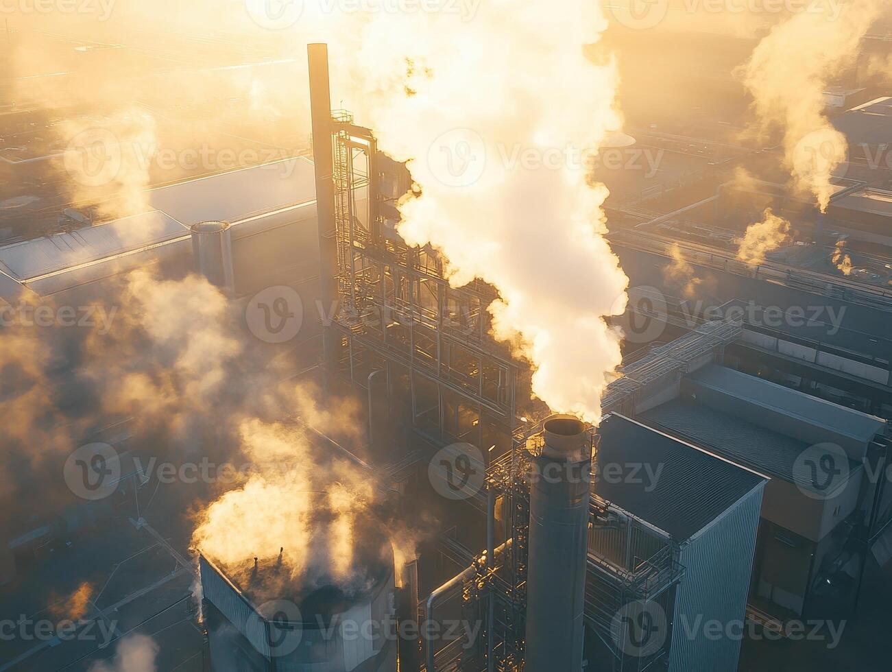 An industrial scene at sunset, showing smoke billowing from factory chimneys, highlighting pollution and environmental concerns. photo