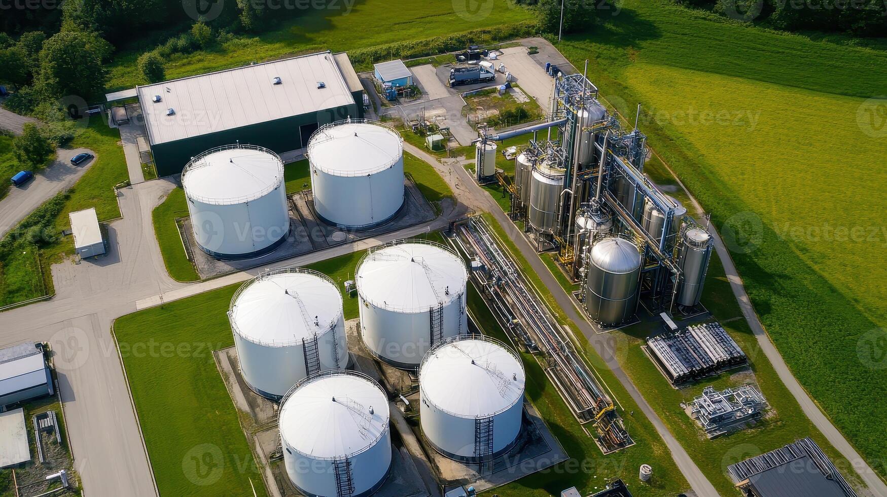 Aerial view of an industrial facility featuring large storage tanks, processing equipment, and green fields surrounding the site. photo