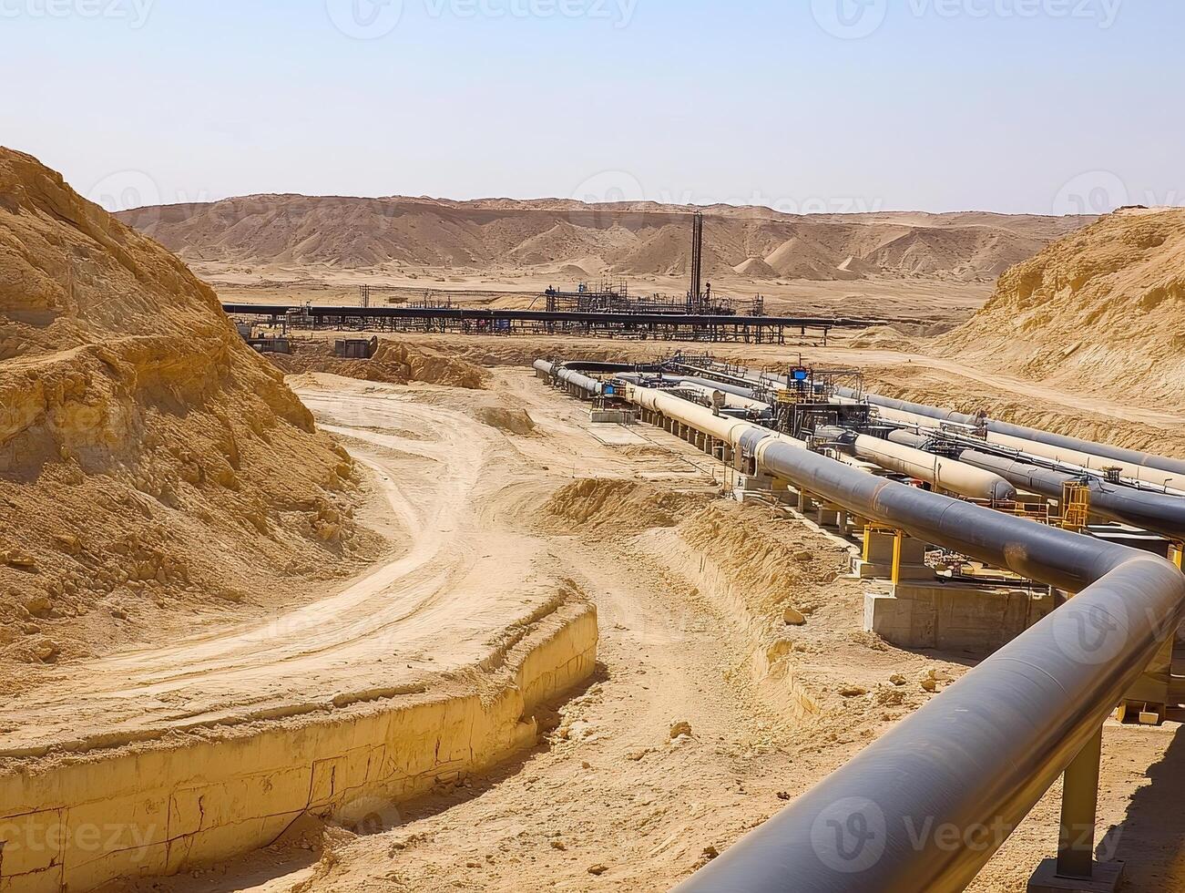 A vast desert landscape with pipelines stretching across the terrain, indicating industrial activity in an arid region. photo