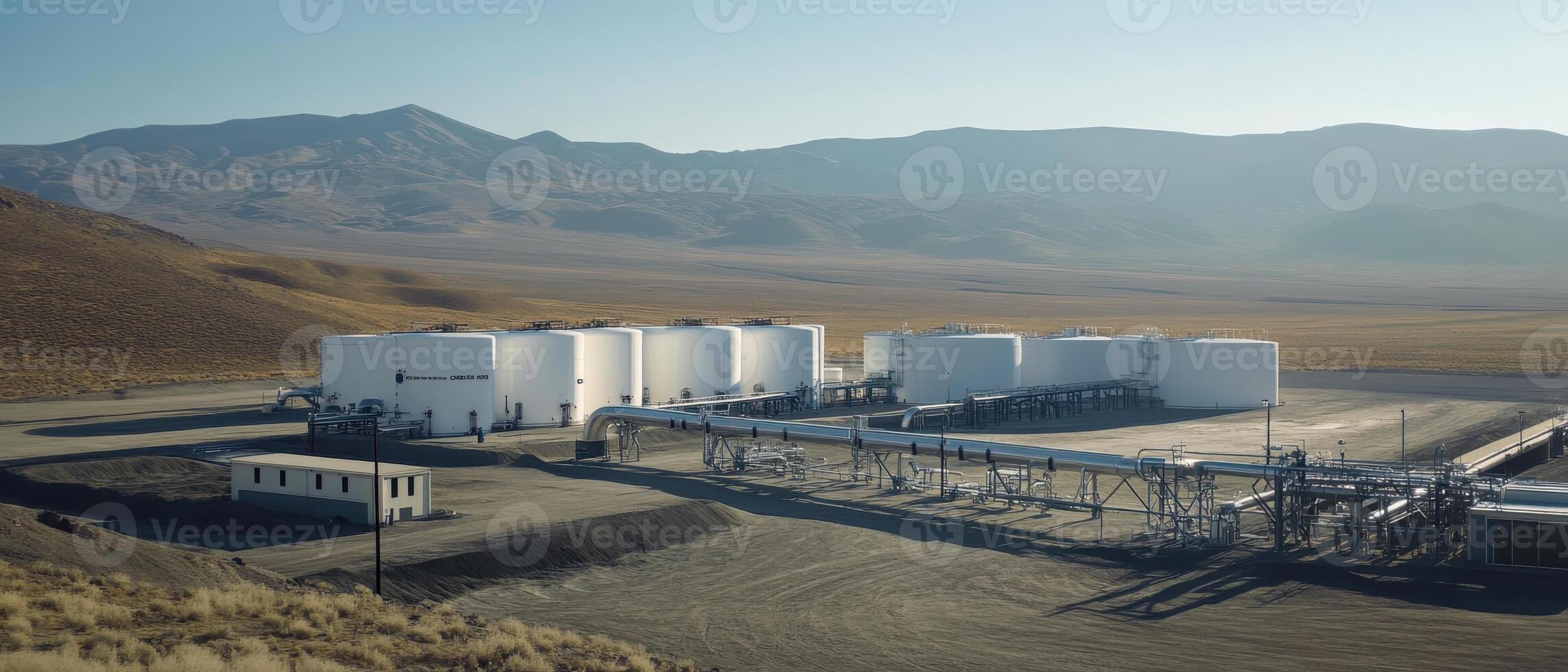 A vast landscape featuring large white storage tanks, surrounded by mountains and open terrain, emphasizing industrial activity in a remote area. photo