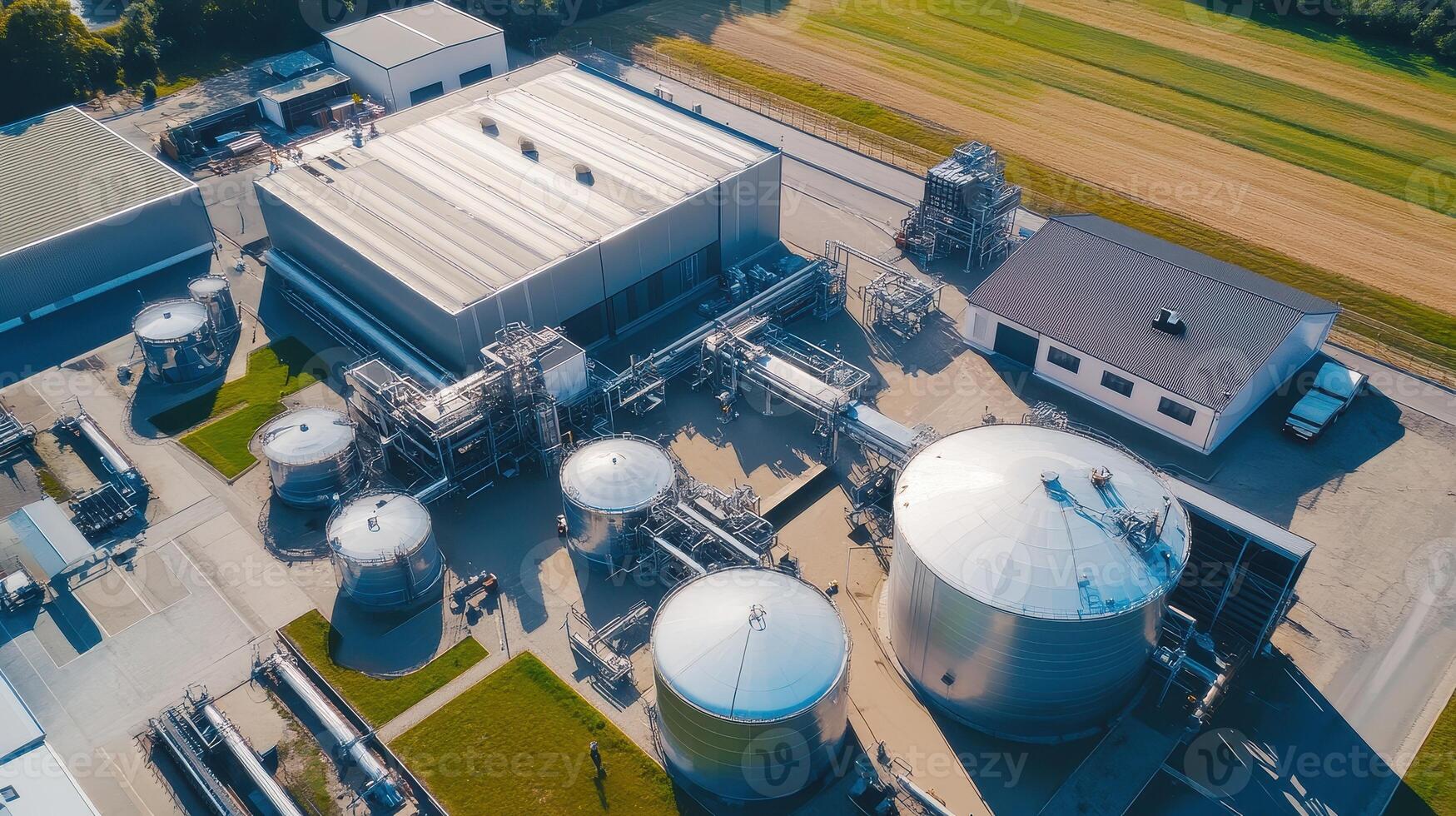 Aerial view of an industrial facility with large storage tanks, machinery, and green fields in the background. photo