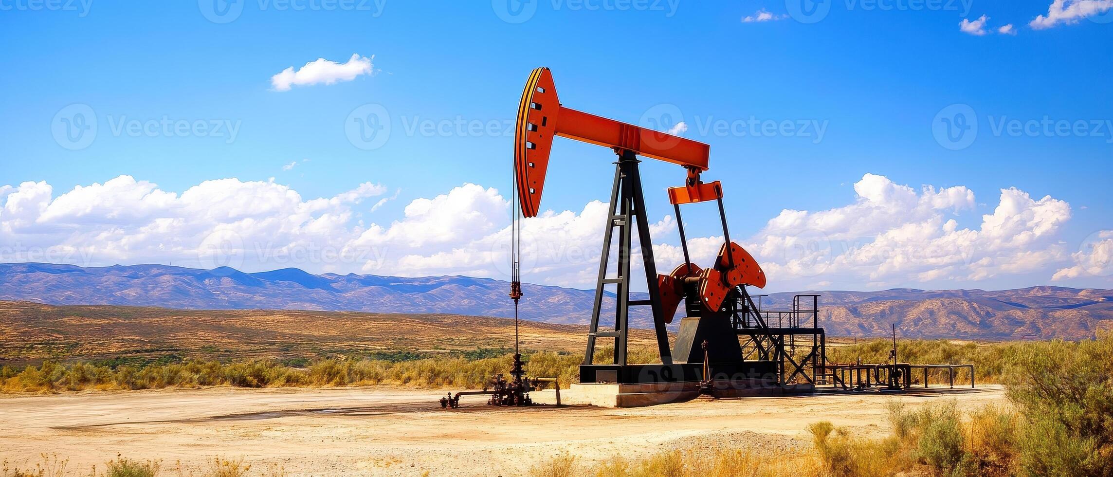 A bright landscape featuring an oil pump jack against a clear blue sky, highlighting the oil extraction industry in a natural setting. photo