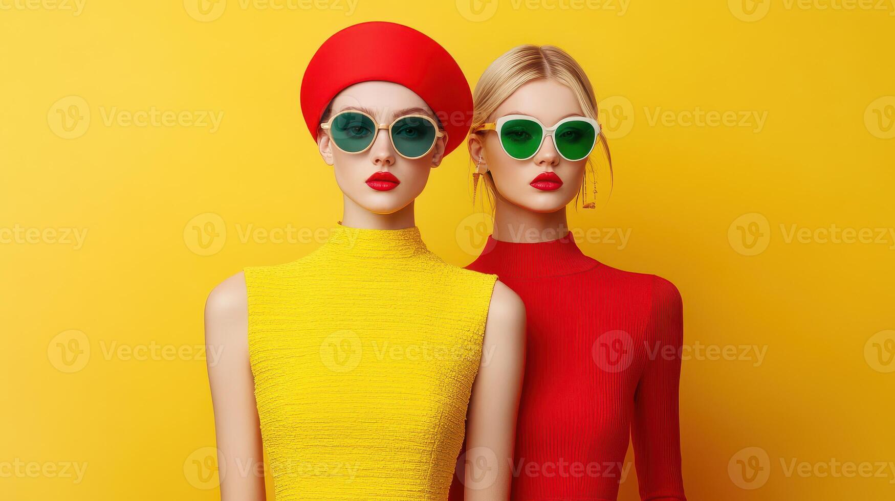 Fashionable Women in Colorful Outfits and Sunglasses Against a Vibrant Yellow Background photo
