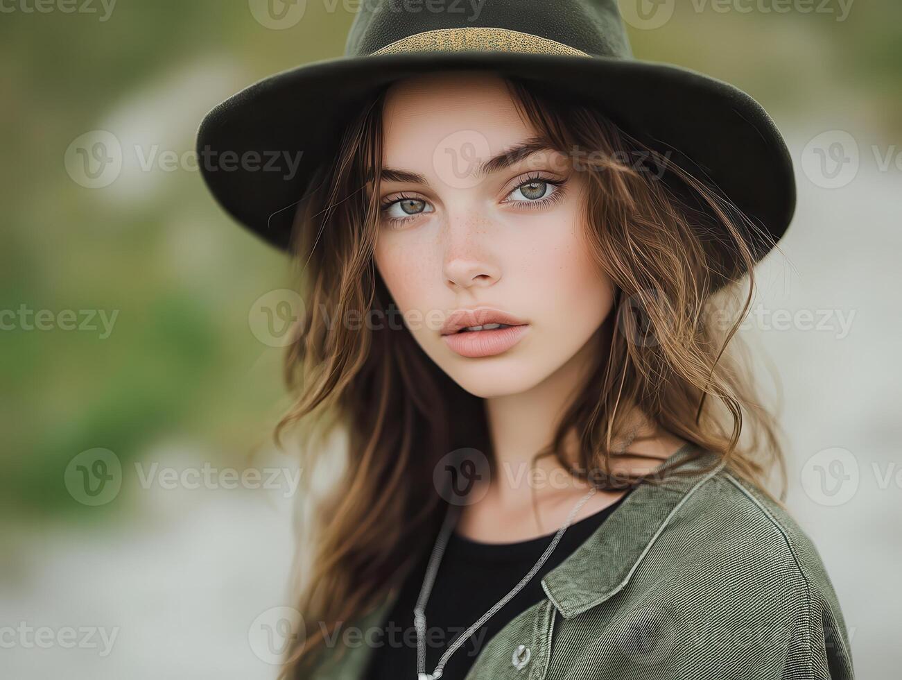 Portrait of a Young Woman in a Green Hat and Jacket with a Natural Background photo