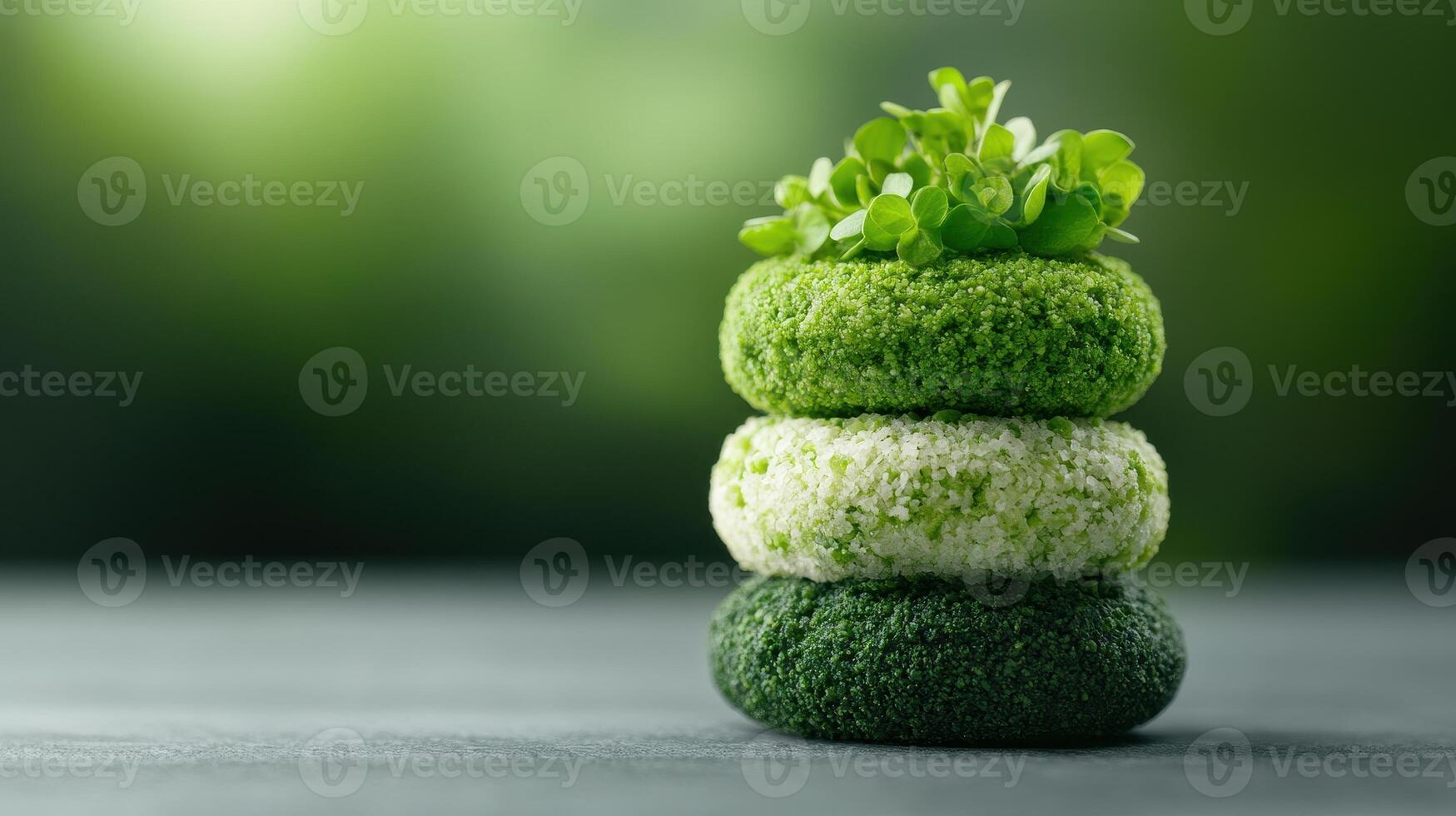 Stack of Three Green Moss-Covered Stones with Small Plants on Top Against a Blurred Green Background photo