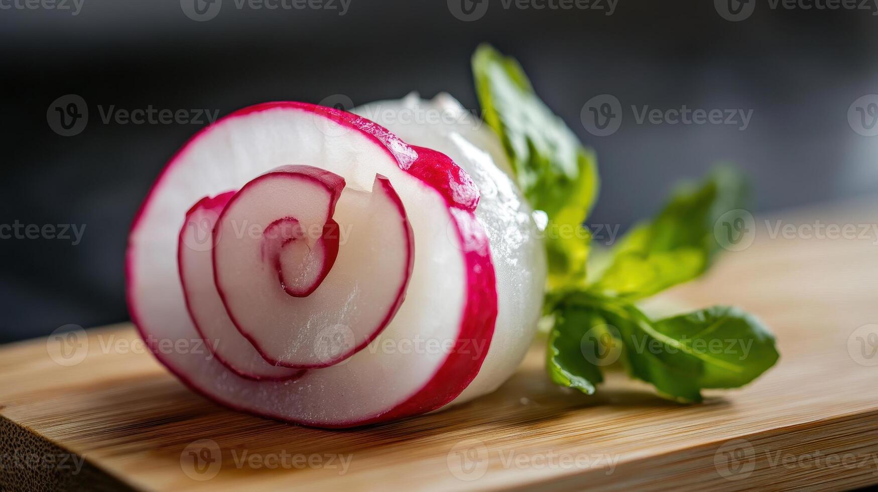 Close-Up of a Beautifully Sliced Radish Rose on a Wooden Cutting Board with Fresh Green Leaves photo