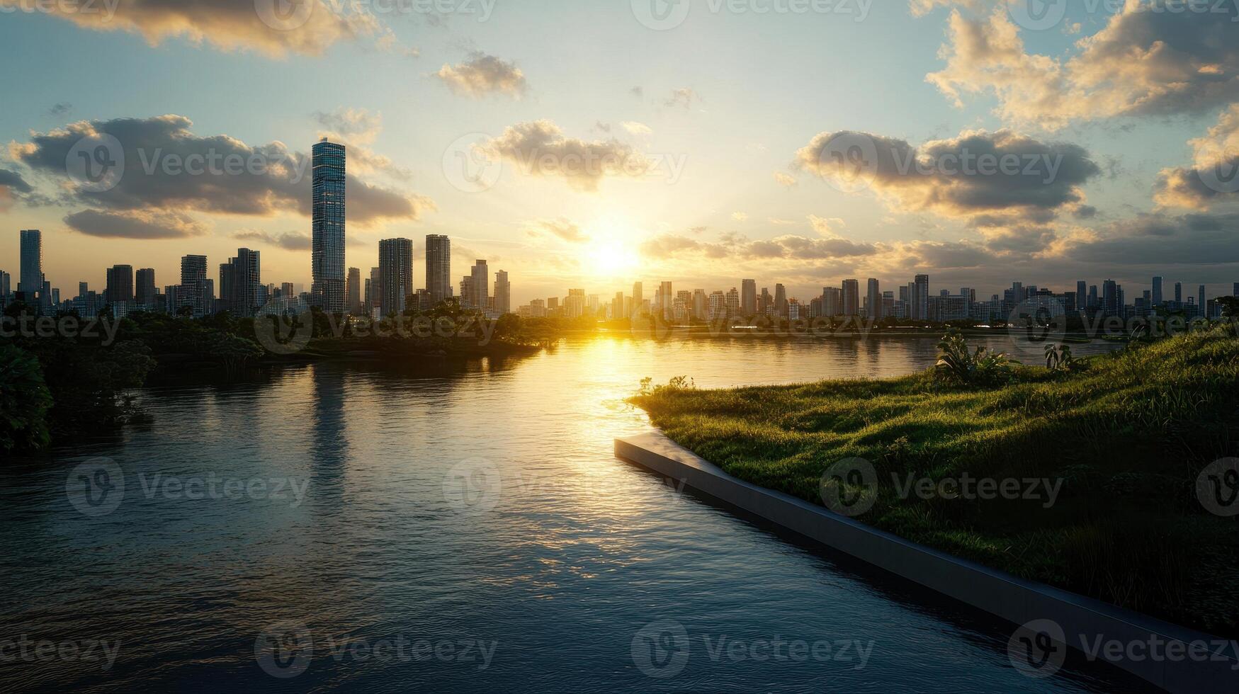 Stunning Urban Sunset Over River with Modern City Skyline and Lush Greenery in Foreground photo
