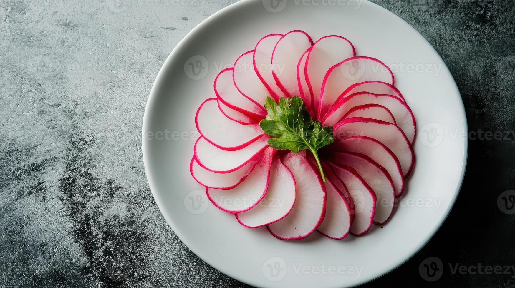 Freshly Sliced Radishes Arranged in a Circular Pattern on a White Plate with Parsley Garnish photo