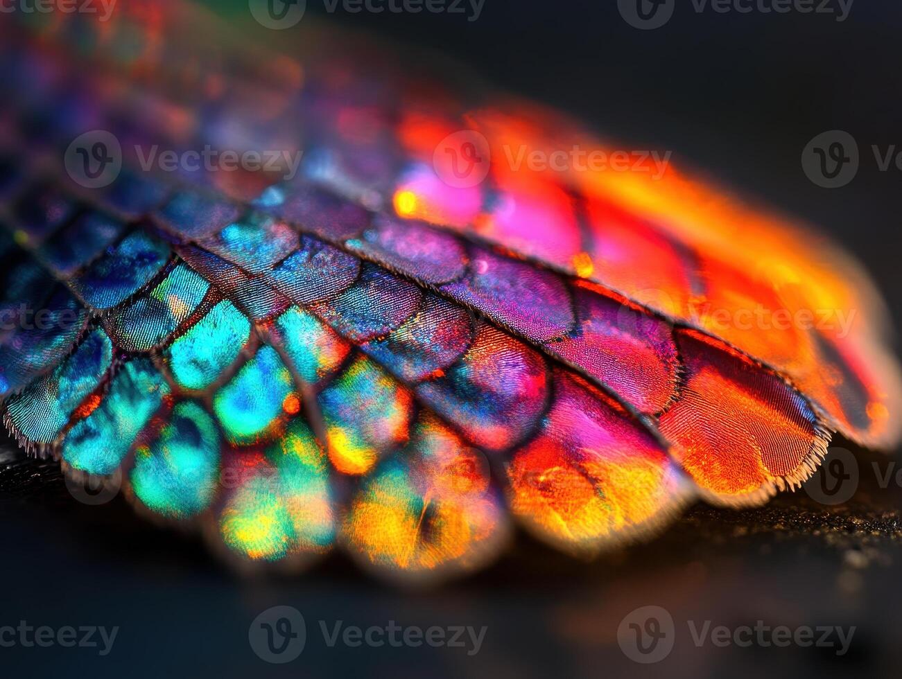 Close-Up of Vibrant Iridescent Fish Scales Displaying a Spectrum of Colors in a Detailed Macro Shot photo