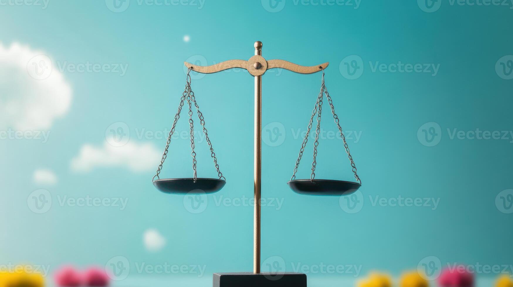 Golden Balance Scale Against a Bright Blue Sky with Fluffy Clouds and Colorful Flowers in the Foreground photo