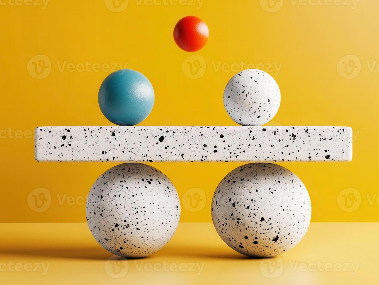 Modern Abstract Composition with Colorful Spheres and Geometric Shapes on Yellow Background photo