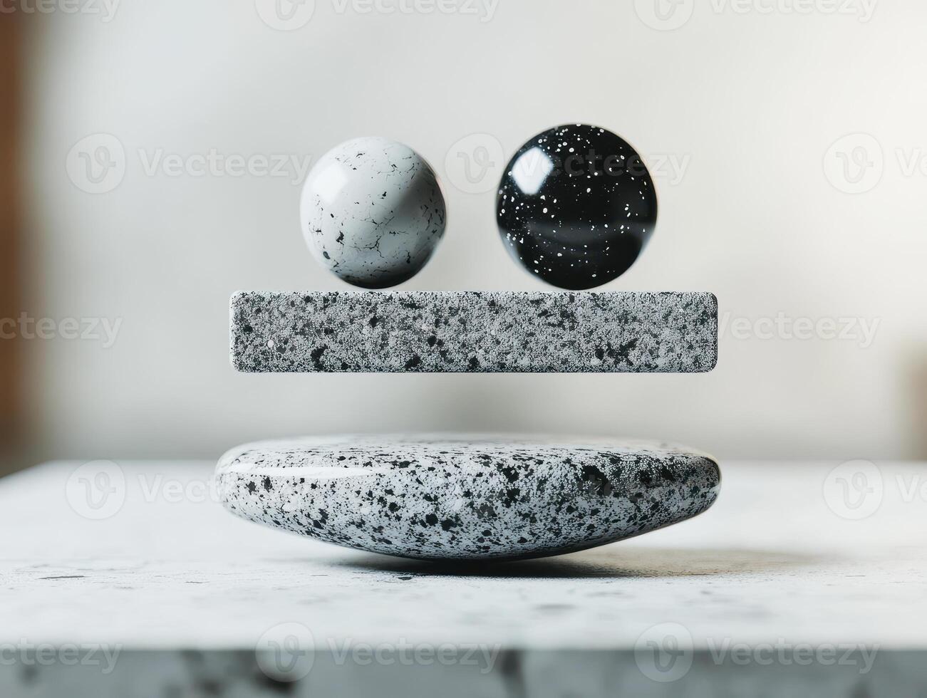 Abstract Geometric Composition with Floating Spheres and Rectangular Block in Minimalist Setting photo