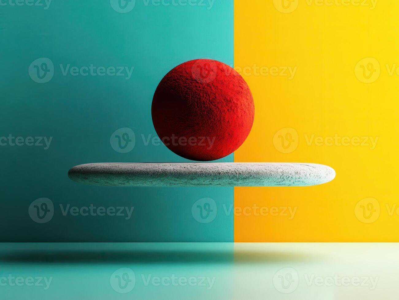 Vibrant Abstract Composition with Red Sphere on Floating Platform Against Colorful Geometric Background photo