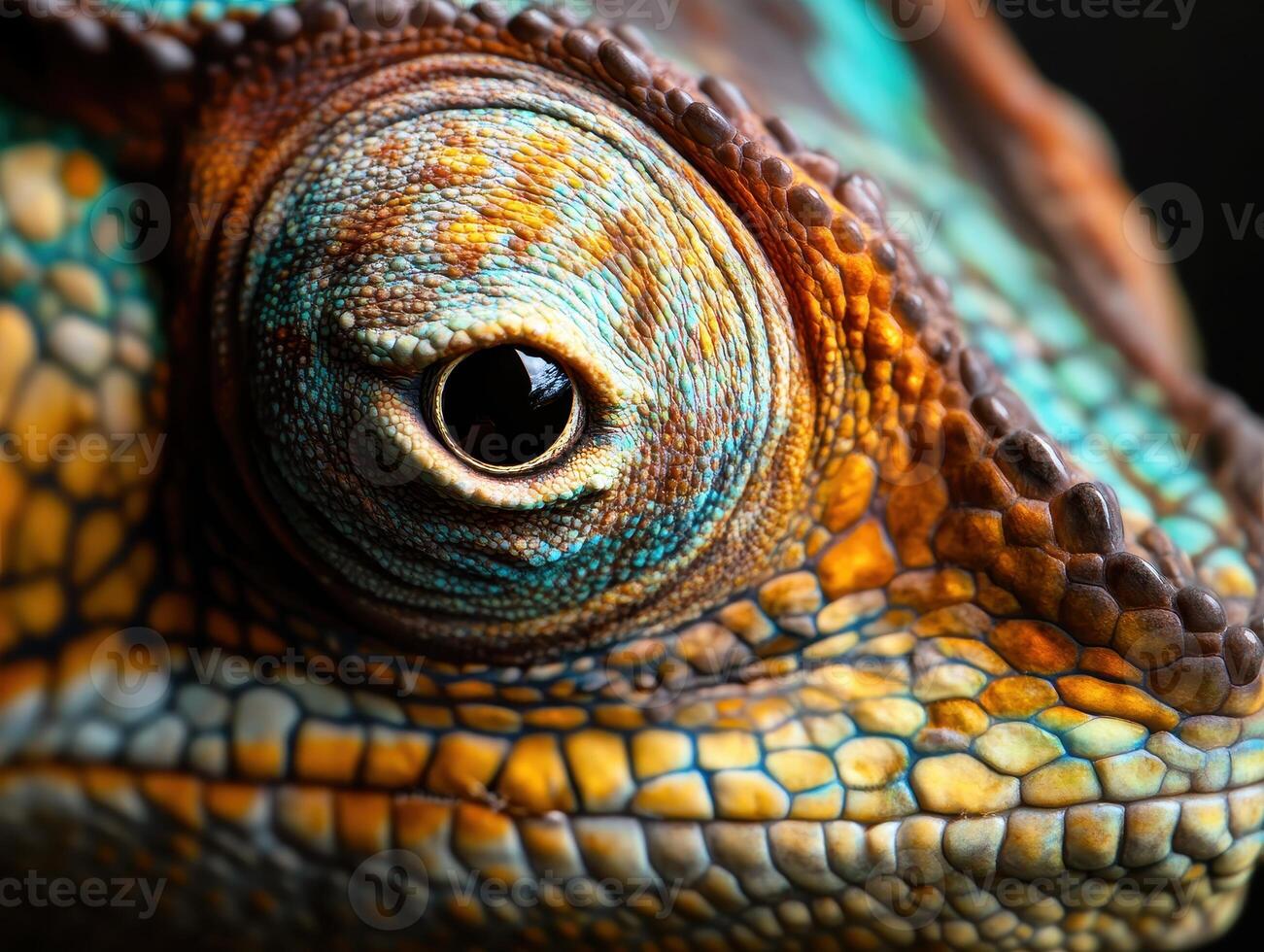 Close-Up of a Colorful Reptile Eye with Detailed Scales and Vibrant Patterns photo