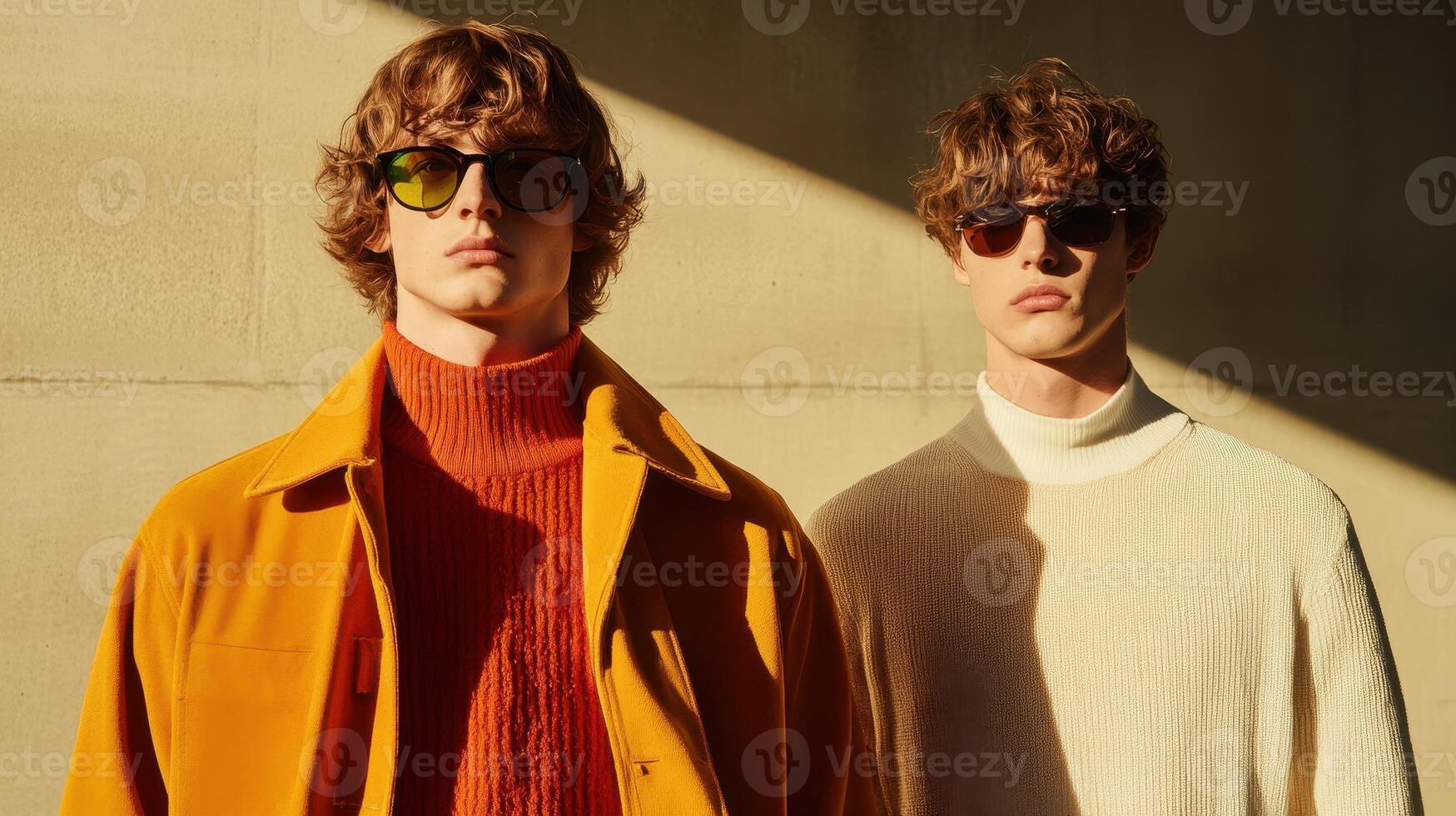 Fashionable Young Men in Stylish Sunglasses and Trendy Outfits Posing Against a Minimalist Background photo