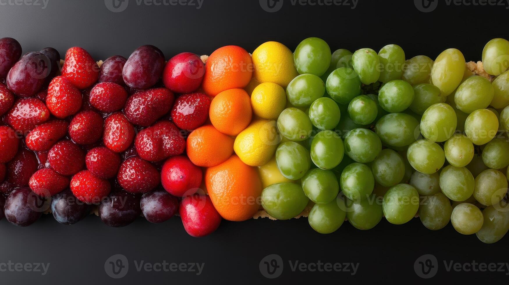 Colorful Array of Fresh Fruits Including Strawberries, Plums, Oranges, and Grapes on a Black Background photo