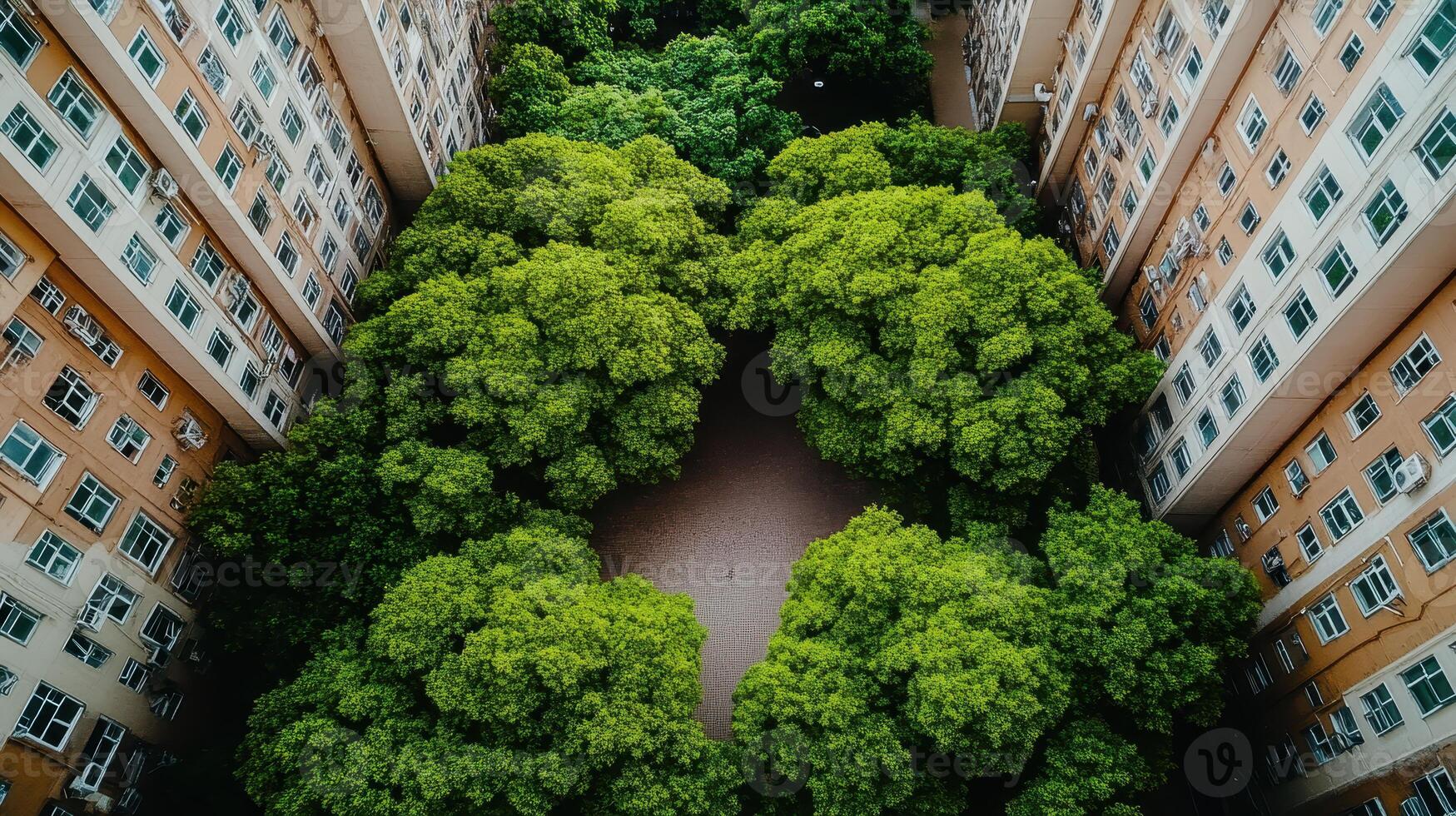 Aerial View of Lush Green Trees Surrounded by Tall Residential Buildings in an Urban Setting photo