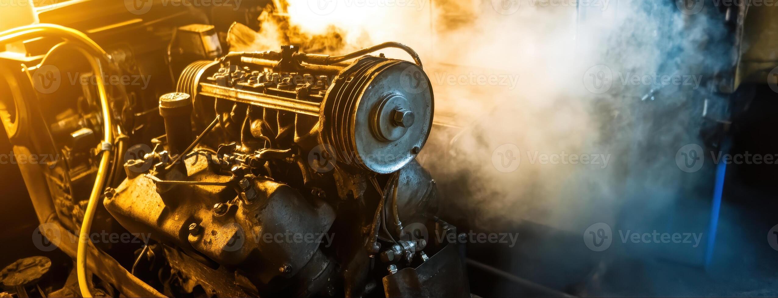 A close-up of a car engine emitting steam, illuminated by warm lighting, showcasing intricate mechanical details and industrial ambiance. photo