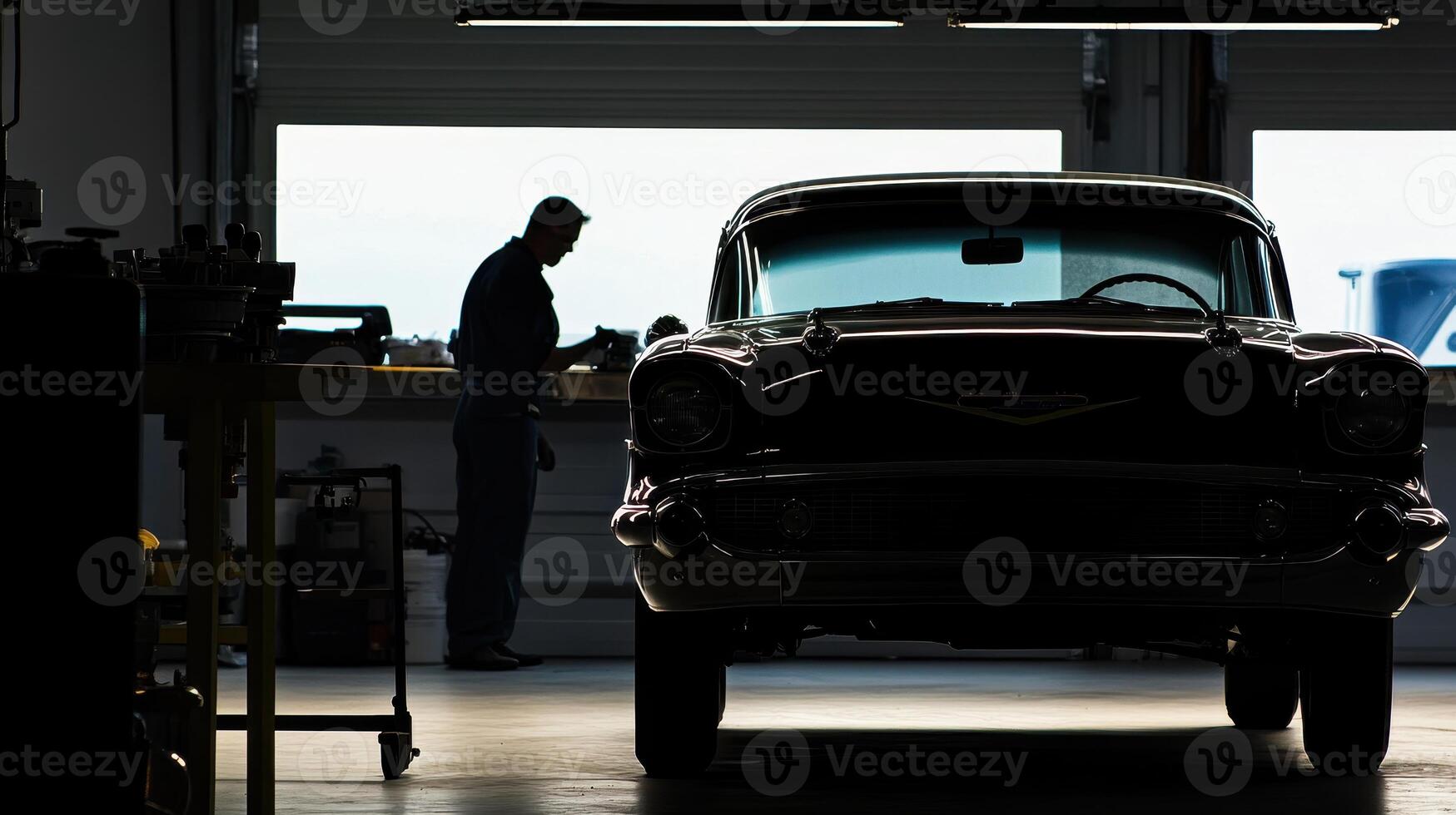 A mechanic works on a classic car in a workshop, highlighted by natural light streaming through large windows. photo