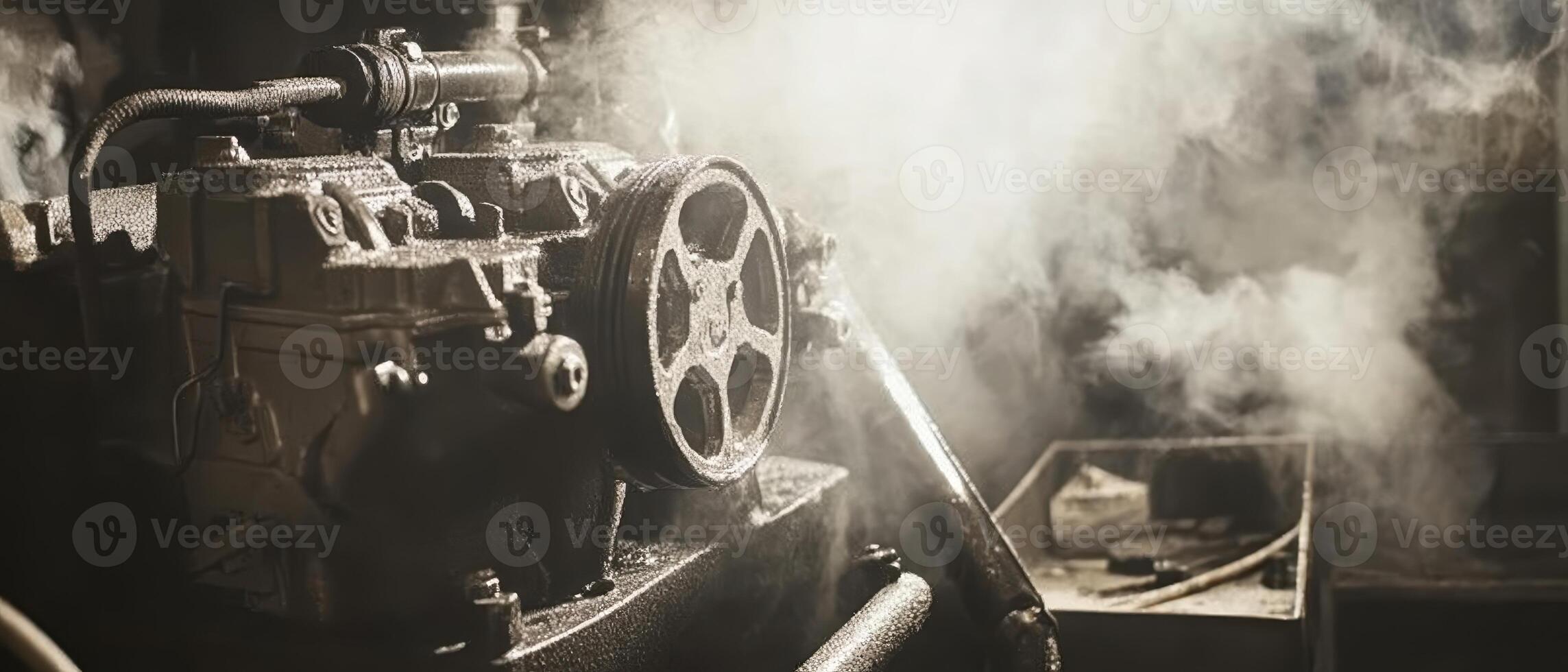 A vintage engine surrounded by steam, showcasing industrial machinery in a moody, atmospheric setting. photo