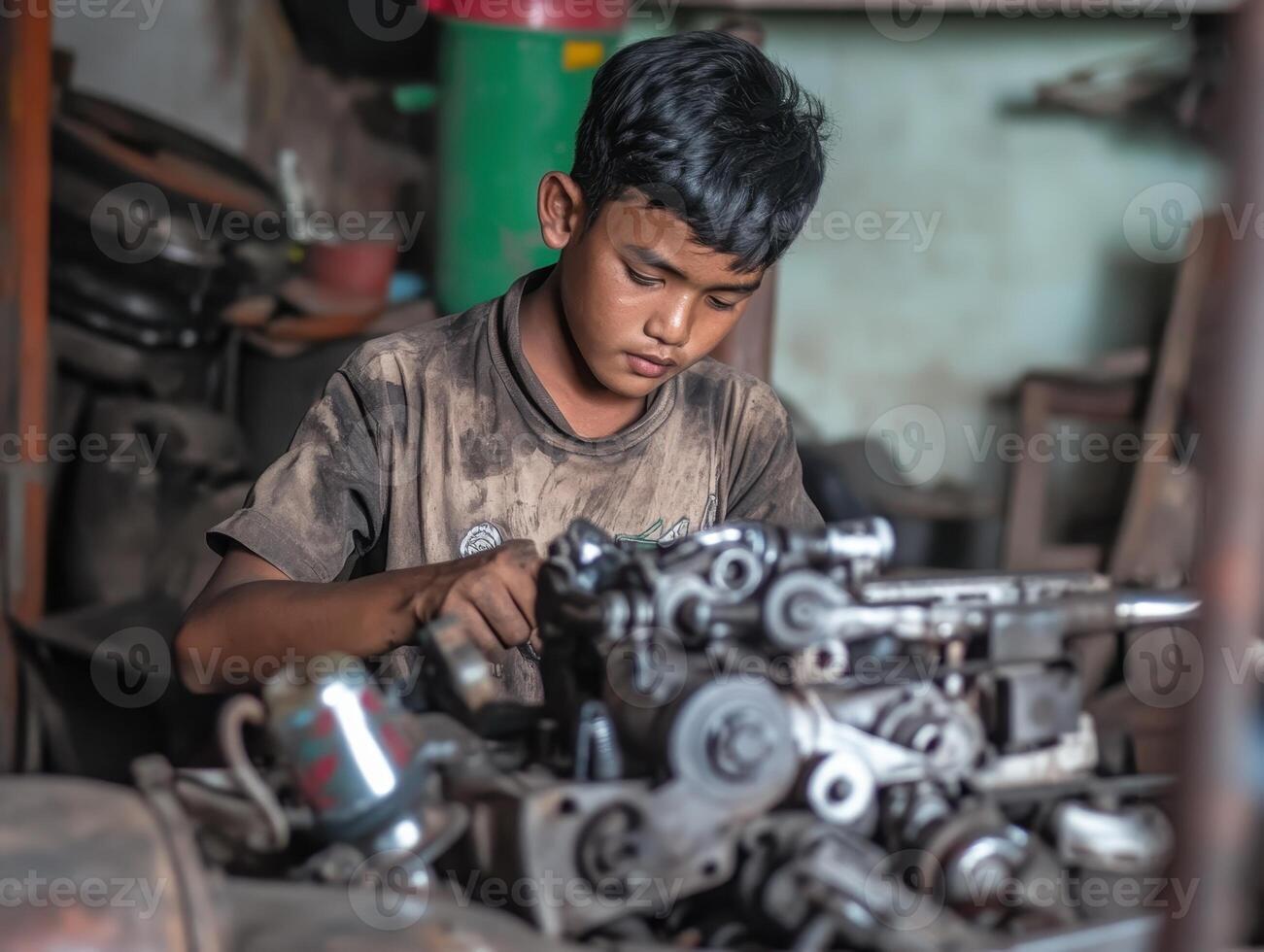 A young boy works diligently on a mechanical engine in a dusty workshop, showcasing determination and skill in a hands-on environment. photo