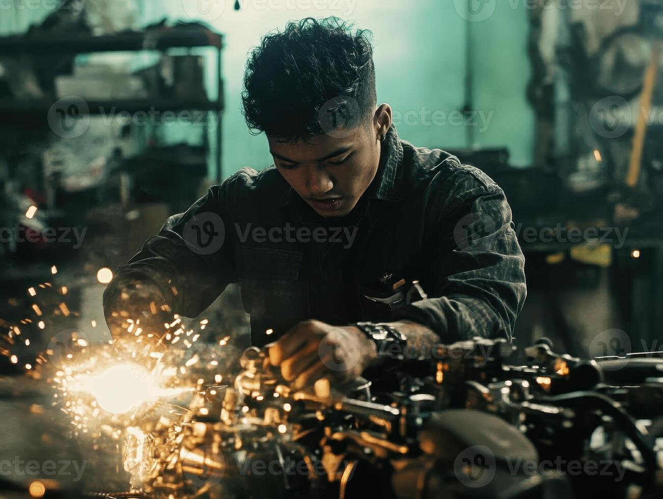 A focused mechanic works on machinery, sparks flying, in a dimly lit workshop, showcasing craftsmanship and dedication. photo
