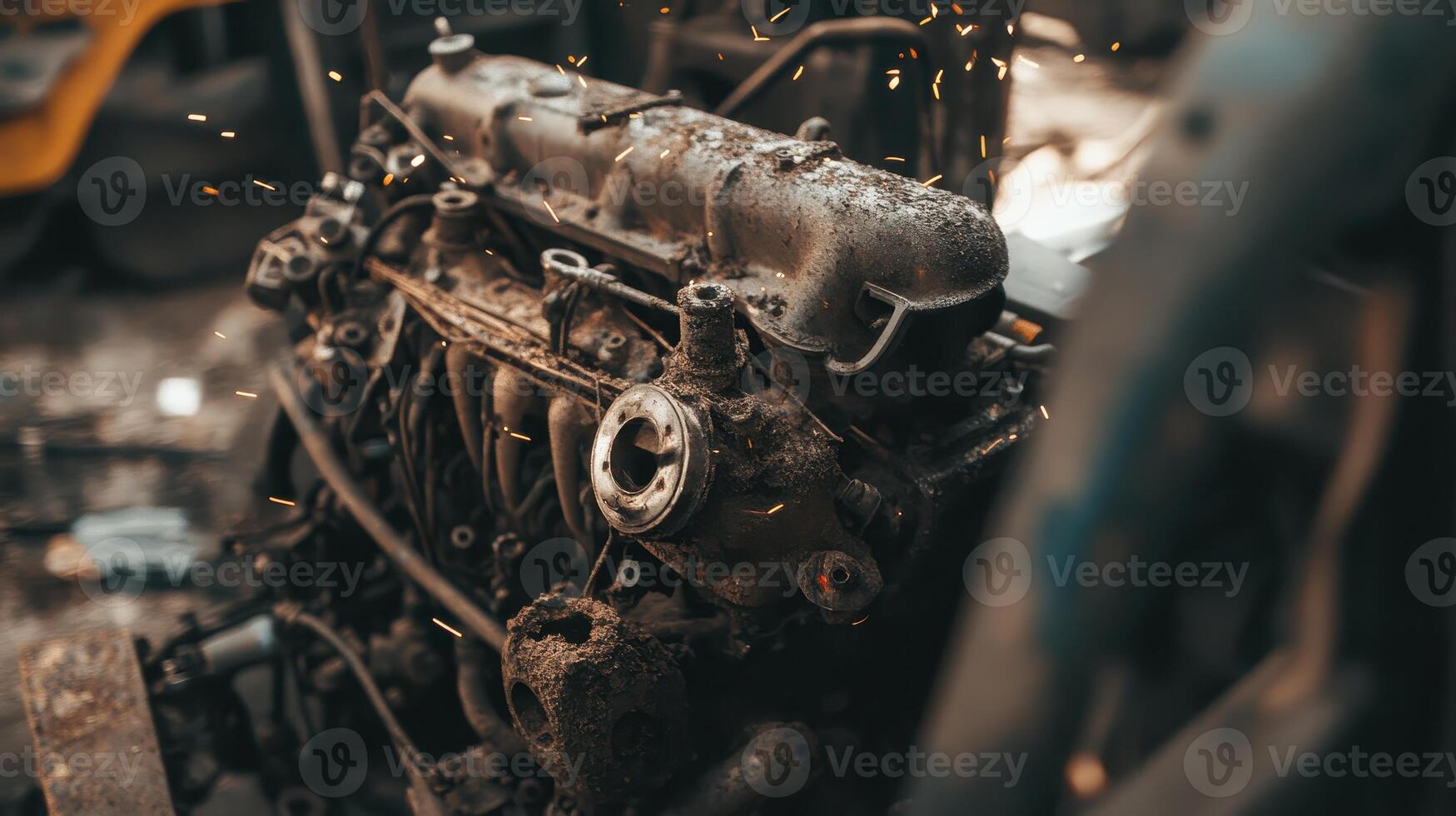 Old, rusted engine with visible wear and dust, surrounded by a workshop setting, conveying a sense of industrial decay. photo