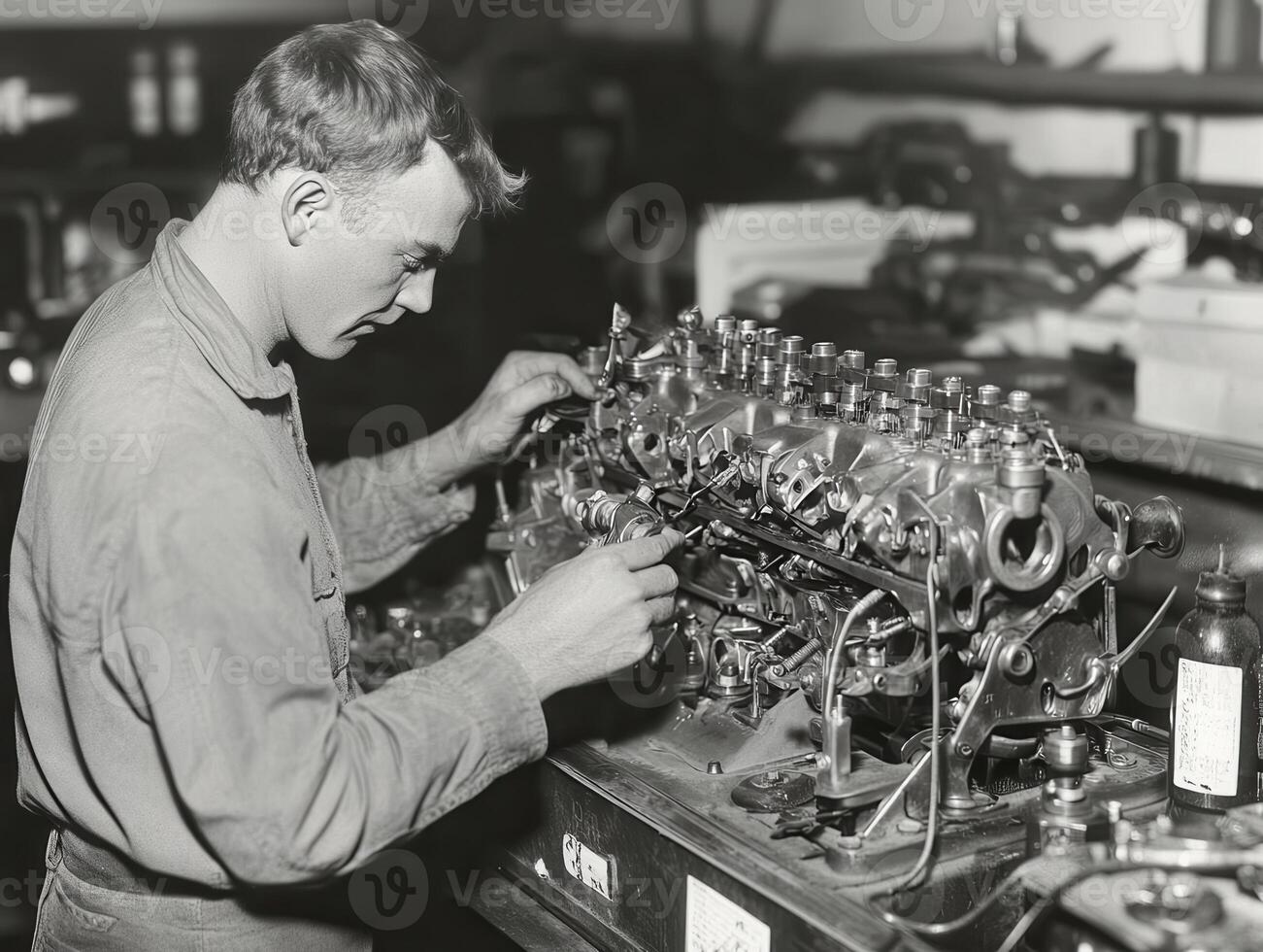 A mechanic works diligently on an engine component in a vintage workshop, showcasing craftsmanship and attention to detail. photo