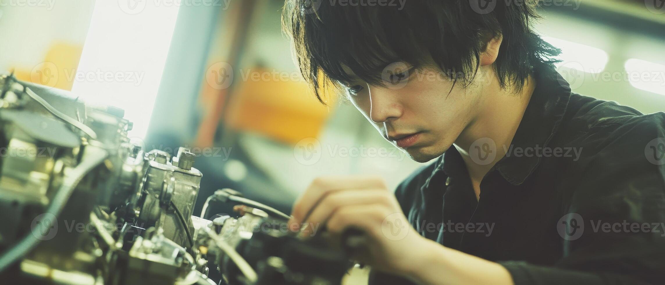 A focused mechanic working on an engine, showcasing concentration and skill in a garage setting. photo
