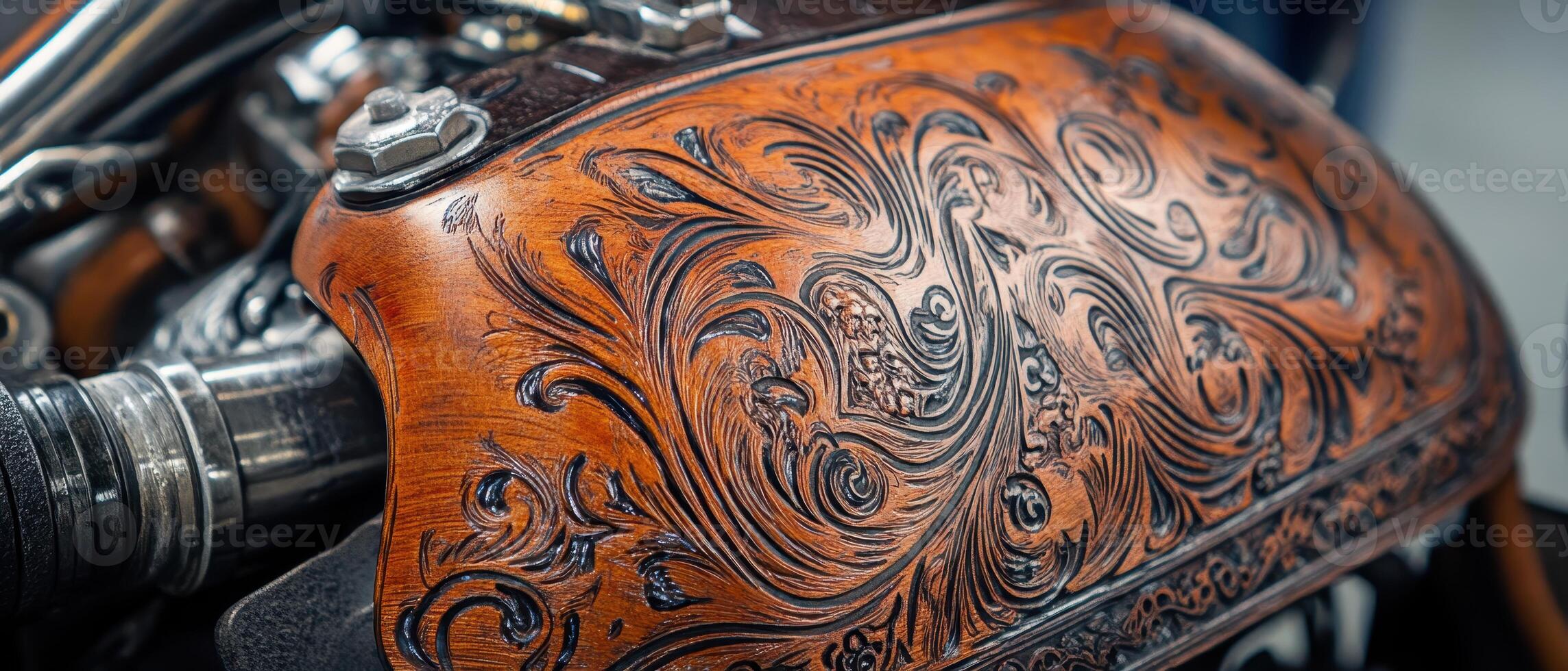 Intricate leather detail on a motorcycle, showcasing exquisite craftsmanship and design elements. photo
