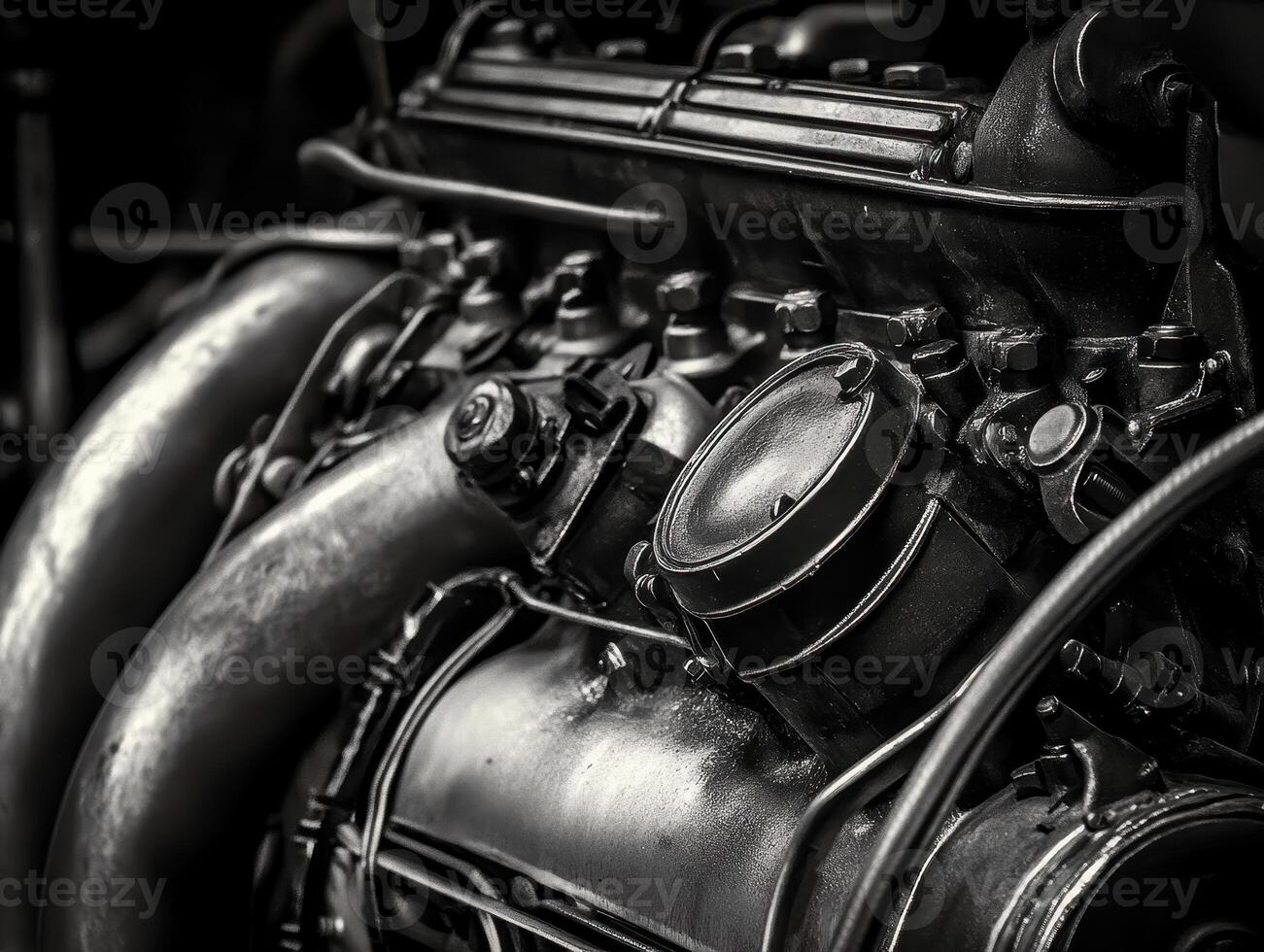 Close-up of a detailed engine showcasing metallic components and pipes, emphasizing industrial design and mechanical complexity. photo