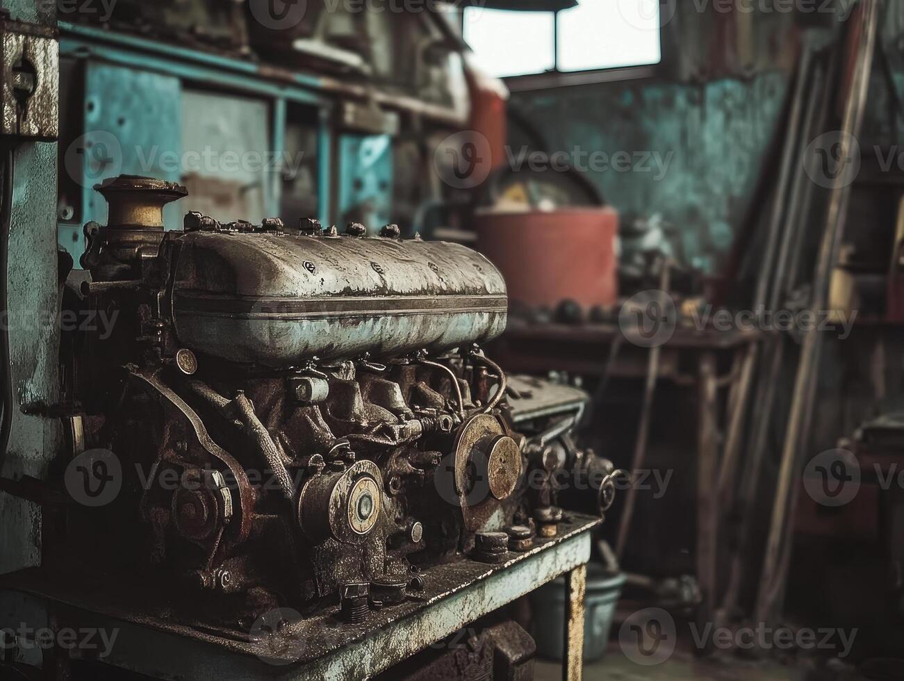 Old engine resting on a workbench in a rustic workshop, surrounded by tools and equipment, showcasing a vintage mechanical aesthetic. photo