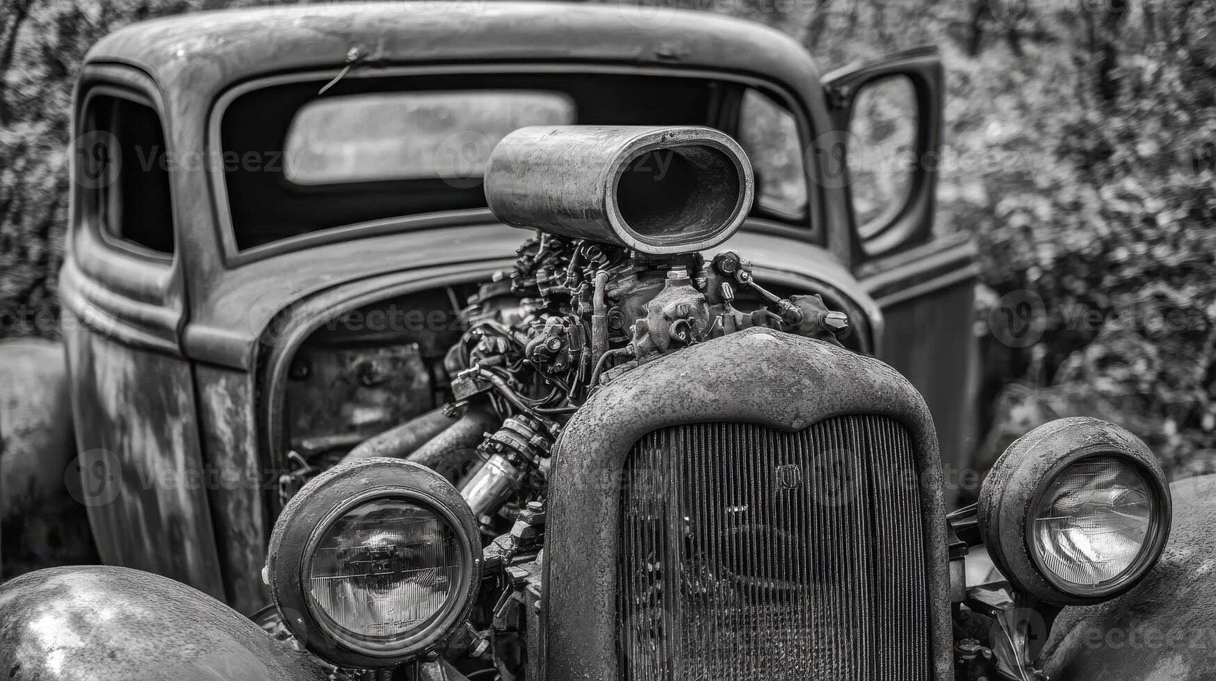 An old, rusty car with a prominent engine and blower sits amidst greenery, showcasing vintage design and decay in a black-and-white setting. photo